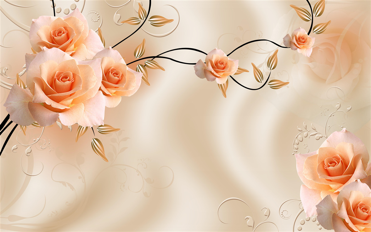 Fotobehang perzikkleurige zijde met roze bloemen