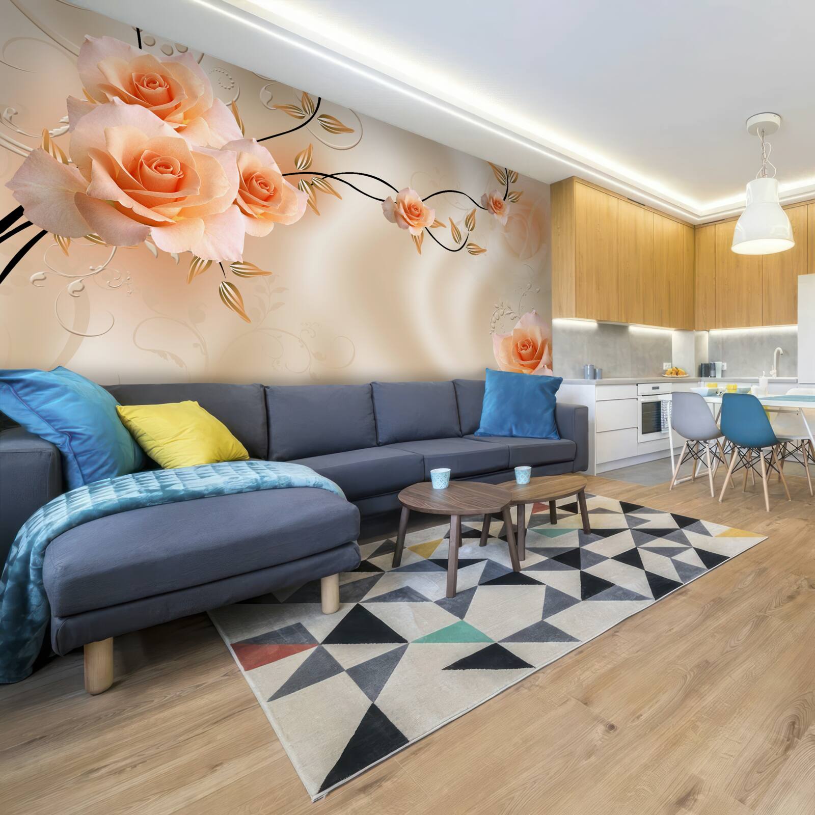 Fotobehang perzikkleurige zijde met roze bloemen