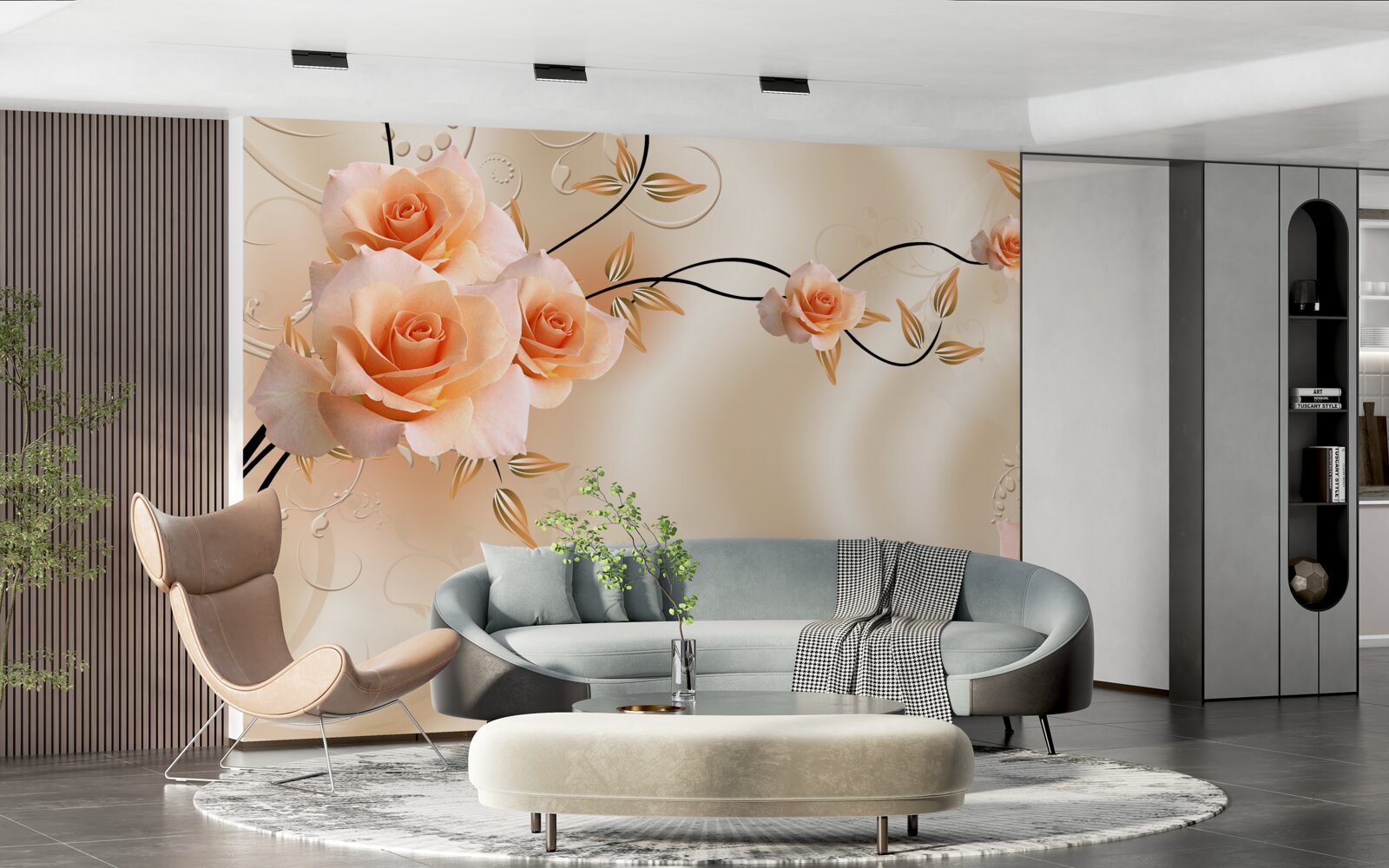 Fotobehang perzikkleurige zijde met roze bloemen