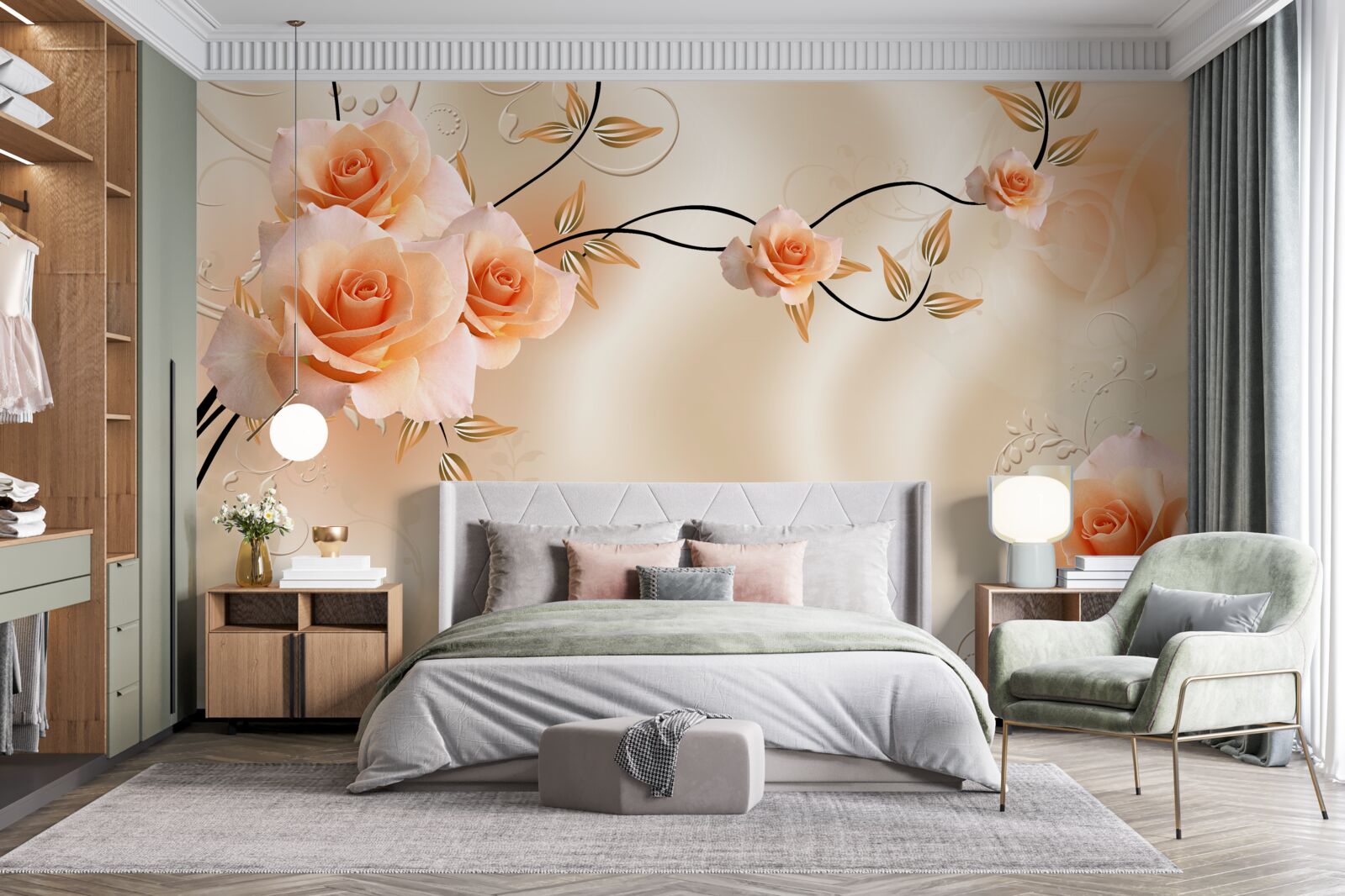 Fotobehang perzikkleurige zijde met roze bloemen