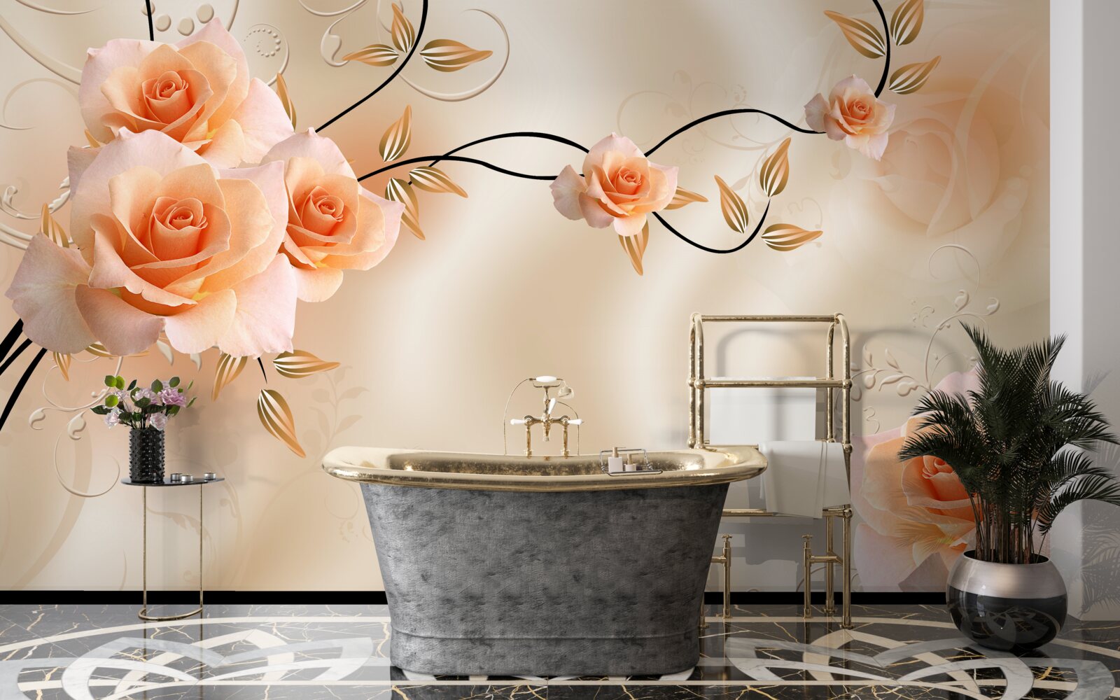 Fotobehang perzikkleurige zijde met roze bloemen