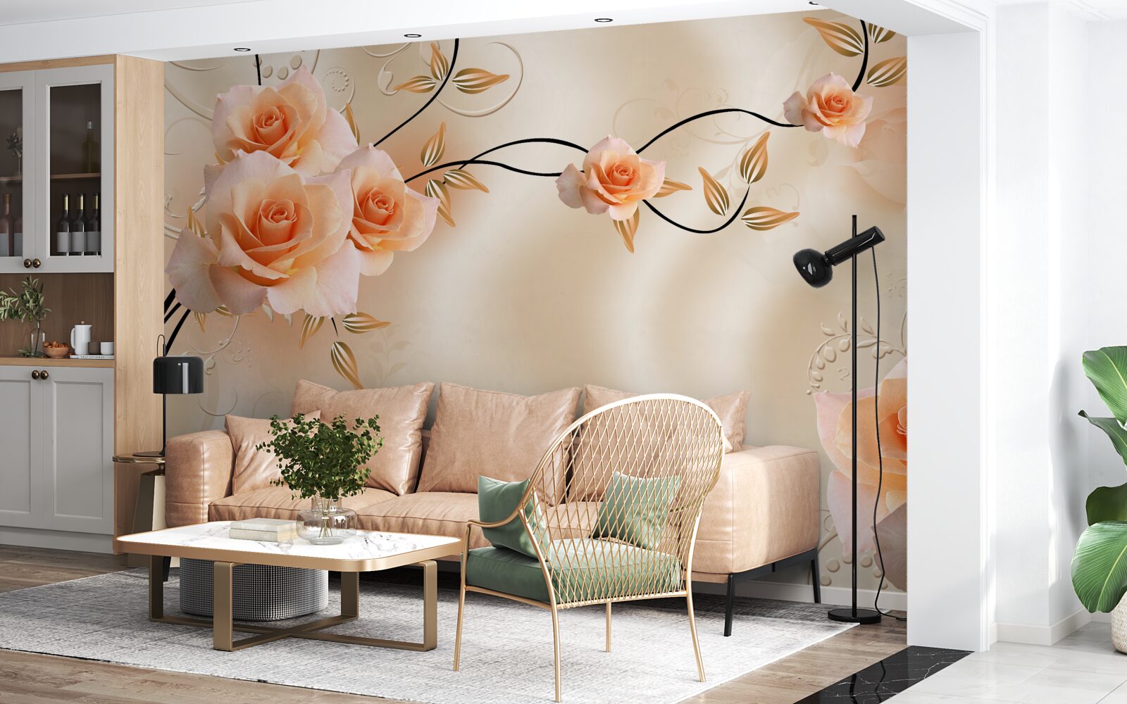 Fotobehang perzikkleurige zijde met roze bloemen