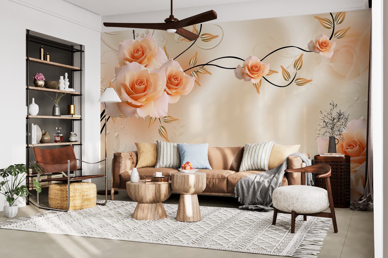 Fotobehang perzikkleurige zijde met roze bloemen