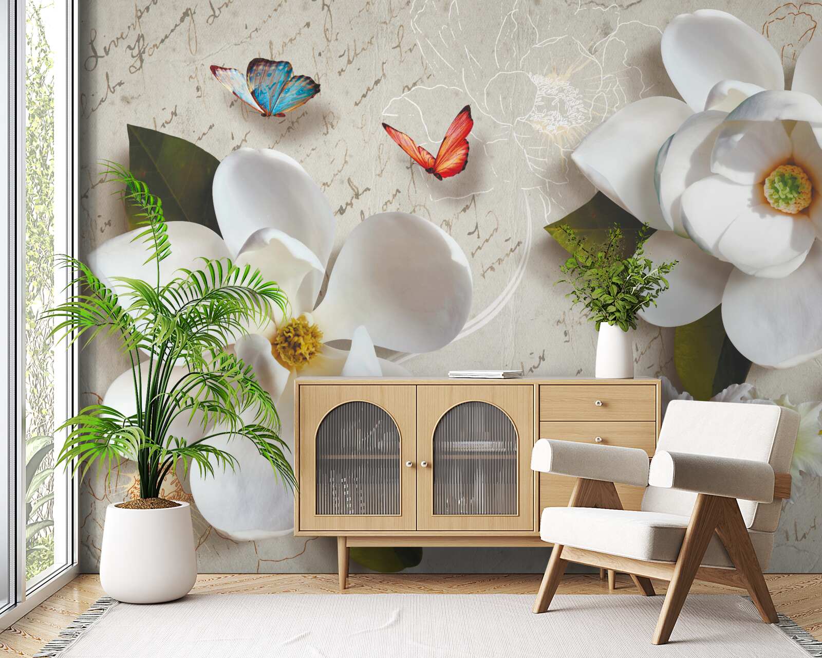 Fotobehang witte lotussen met vlinders waarvan de tederheid de ziel beroert