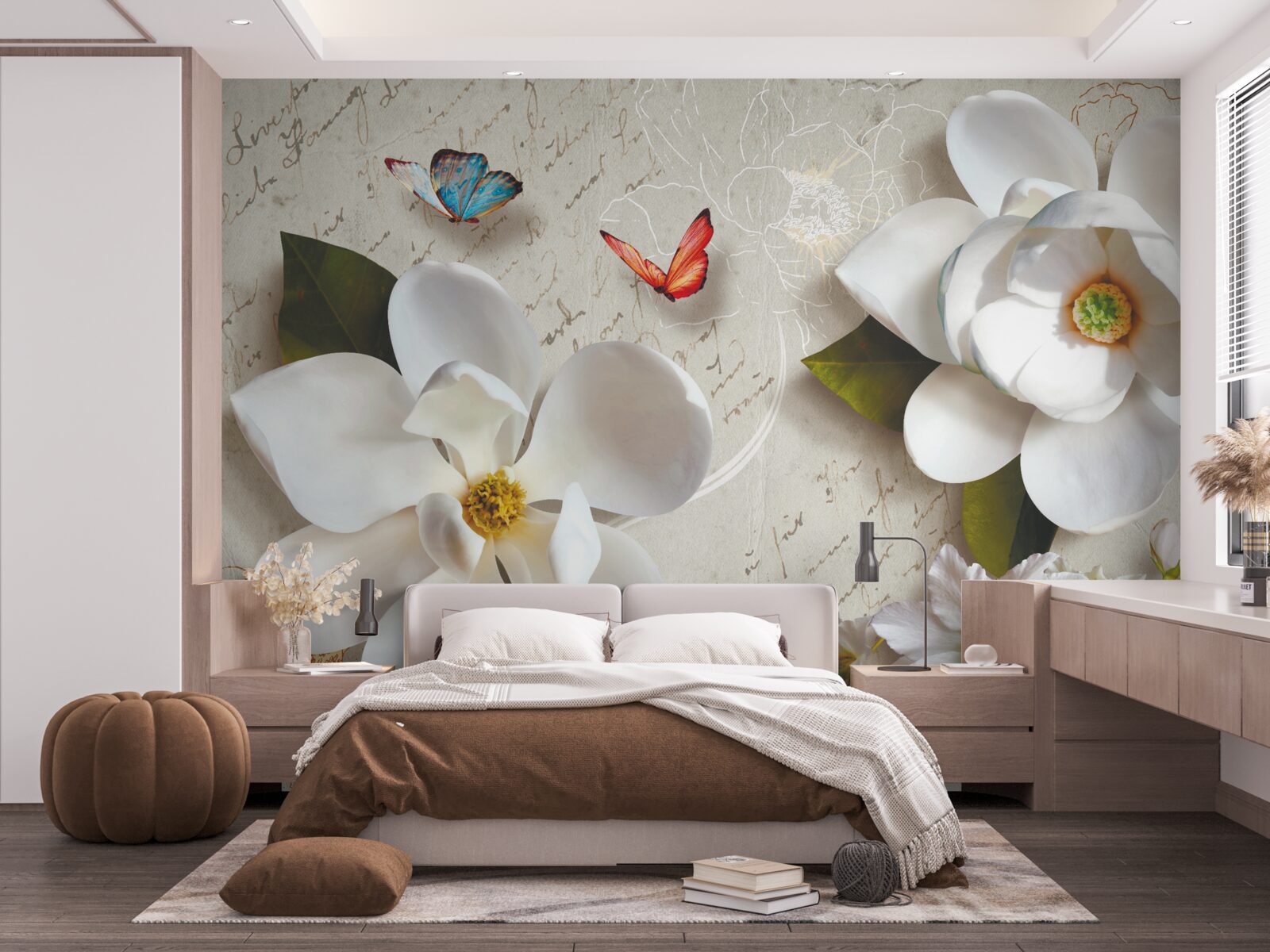 Fotobehang witte lotussen met vlinders waarvan de tederheid de ziel beroert