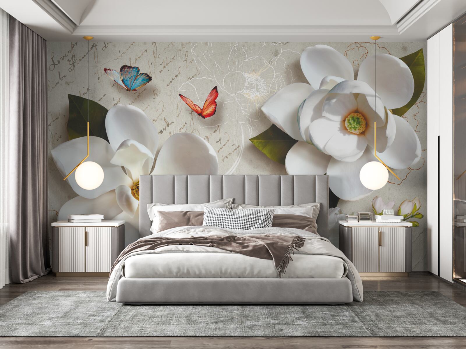 Fotobehang witte lotussen met vlinders waarvan de tederheid de ziel beroert