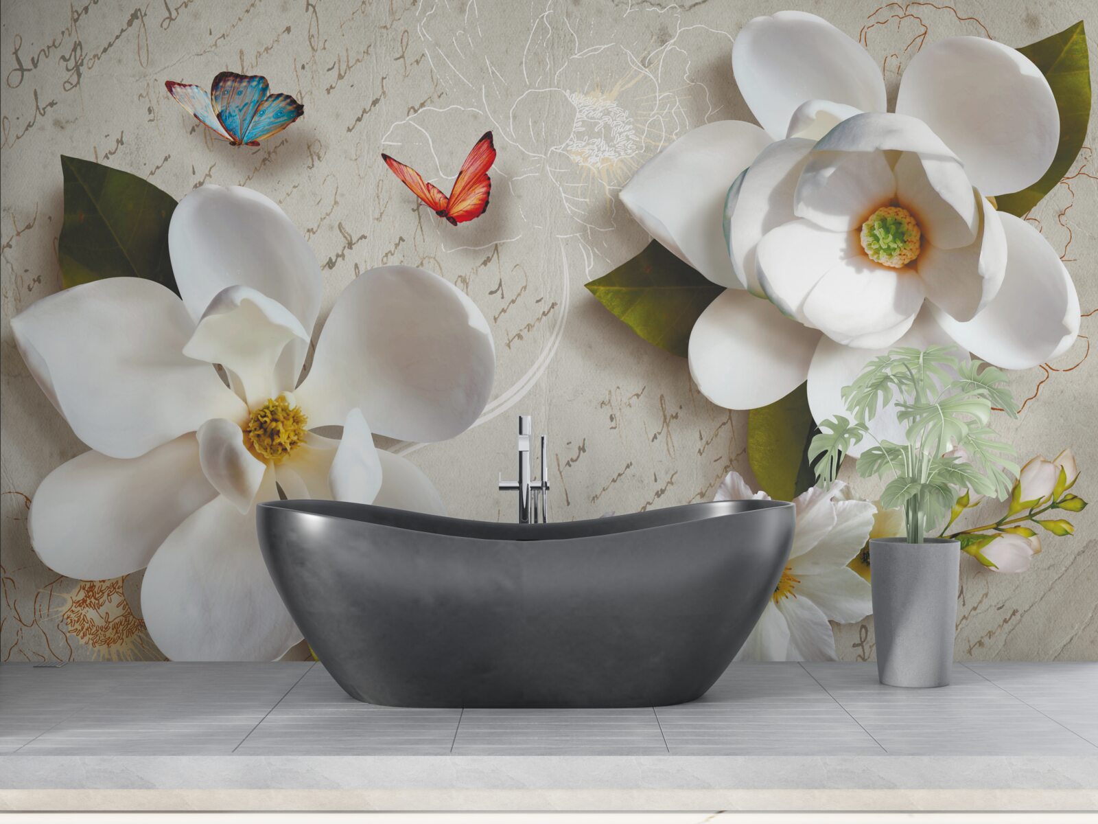 Fotobehang witte lotussen met vlinders waarvan de tederheid de ziel beroert