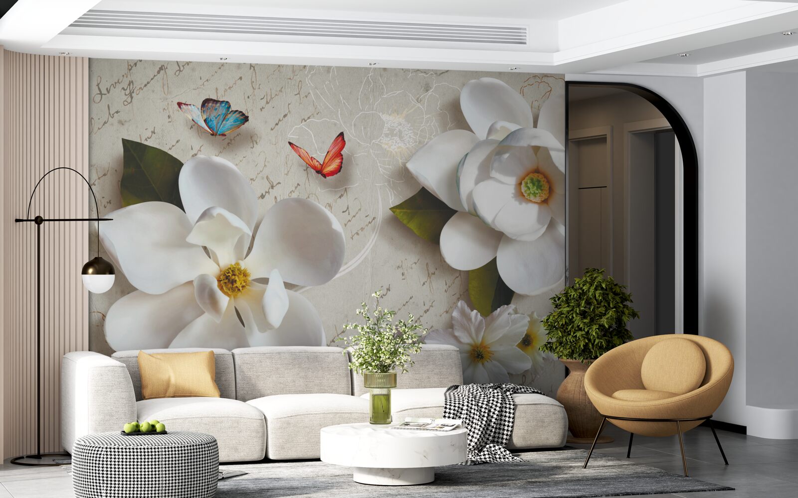 Fotobehang witte lotussen met vlinders waarvan de tederheid de ziel beroert