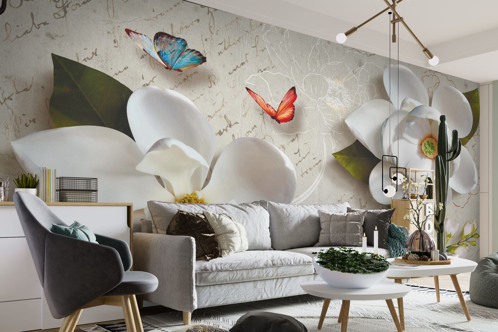 Fotobehang witte lotussen met vlinders waarvan de tederheid de ziel beroert