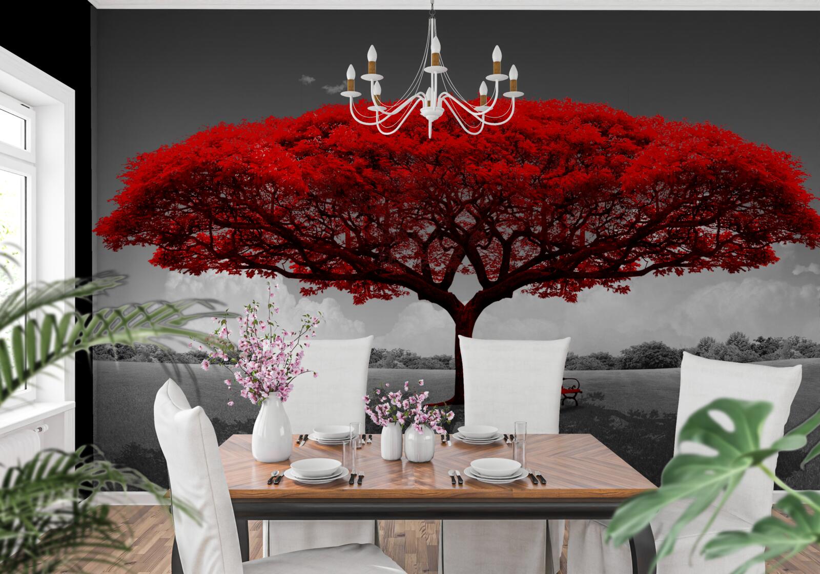 Fotobehang Het leven is een rode boom op een grijze open plek