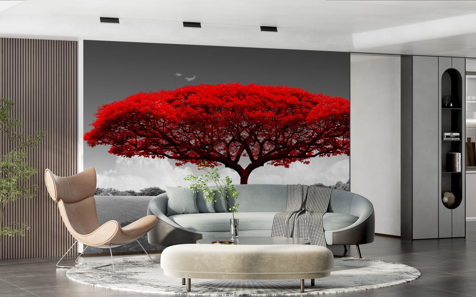 Fotobehang Het leven is een rode boom op een grijze open plek