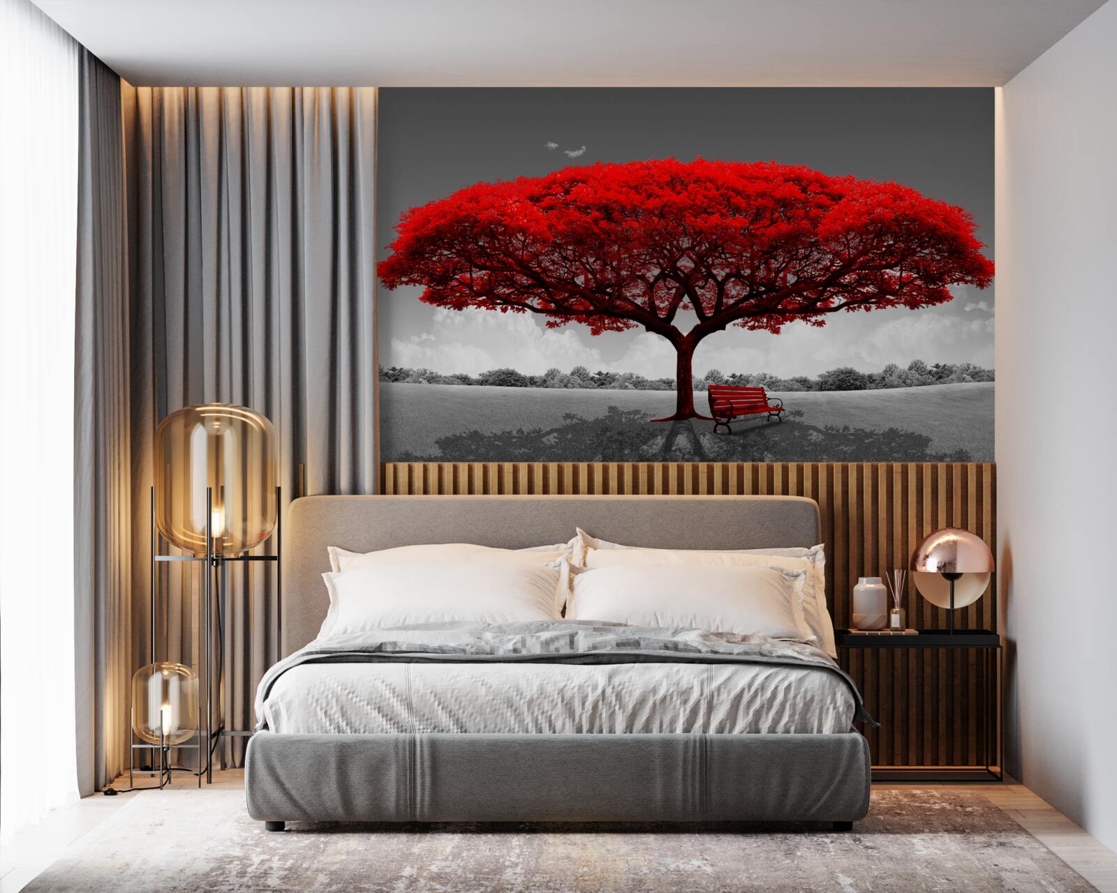 Fotobehang Het leven is een rode boom op een grijze open plek