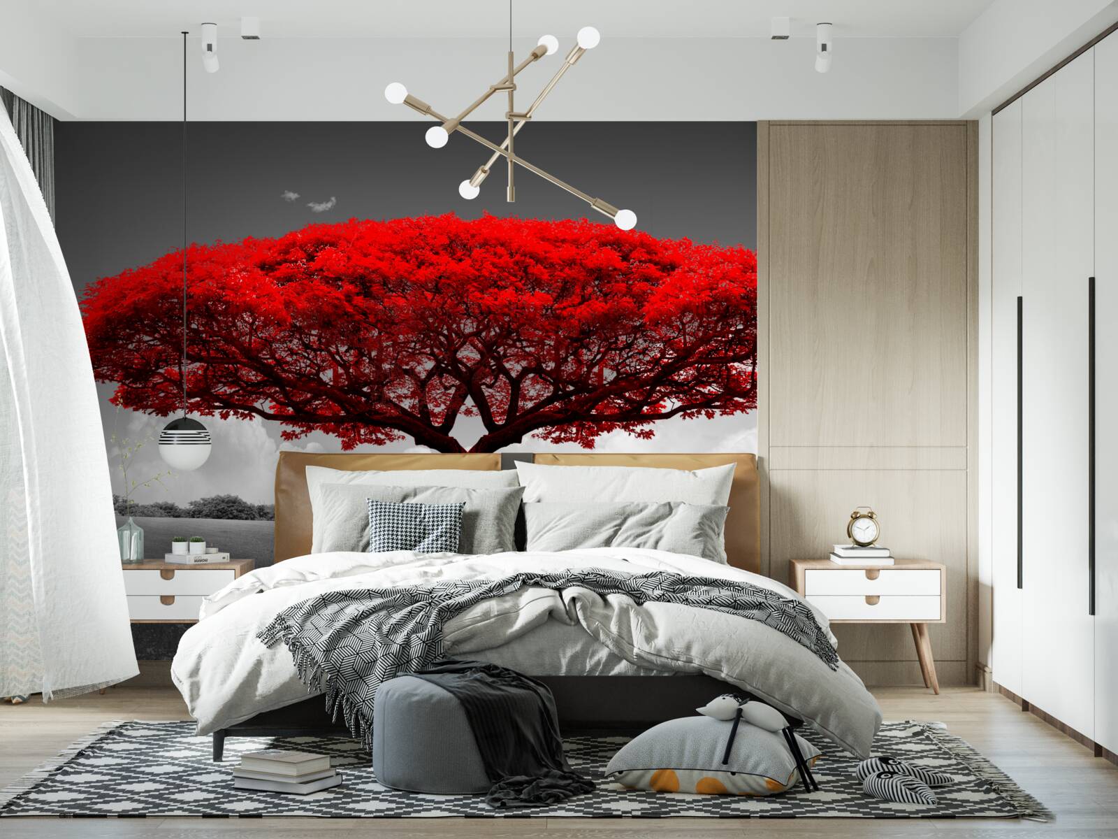 Fotobehang Het leven is een rode boom op een grijze open plek