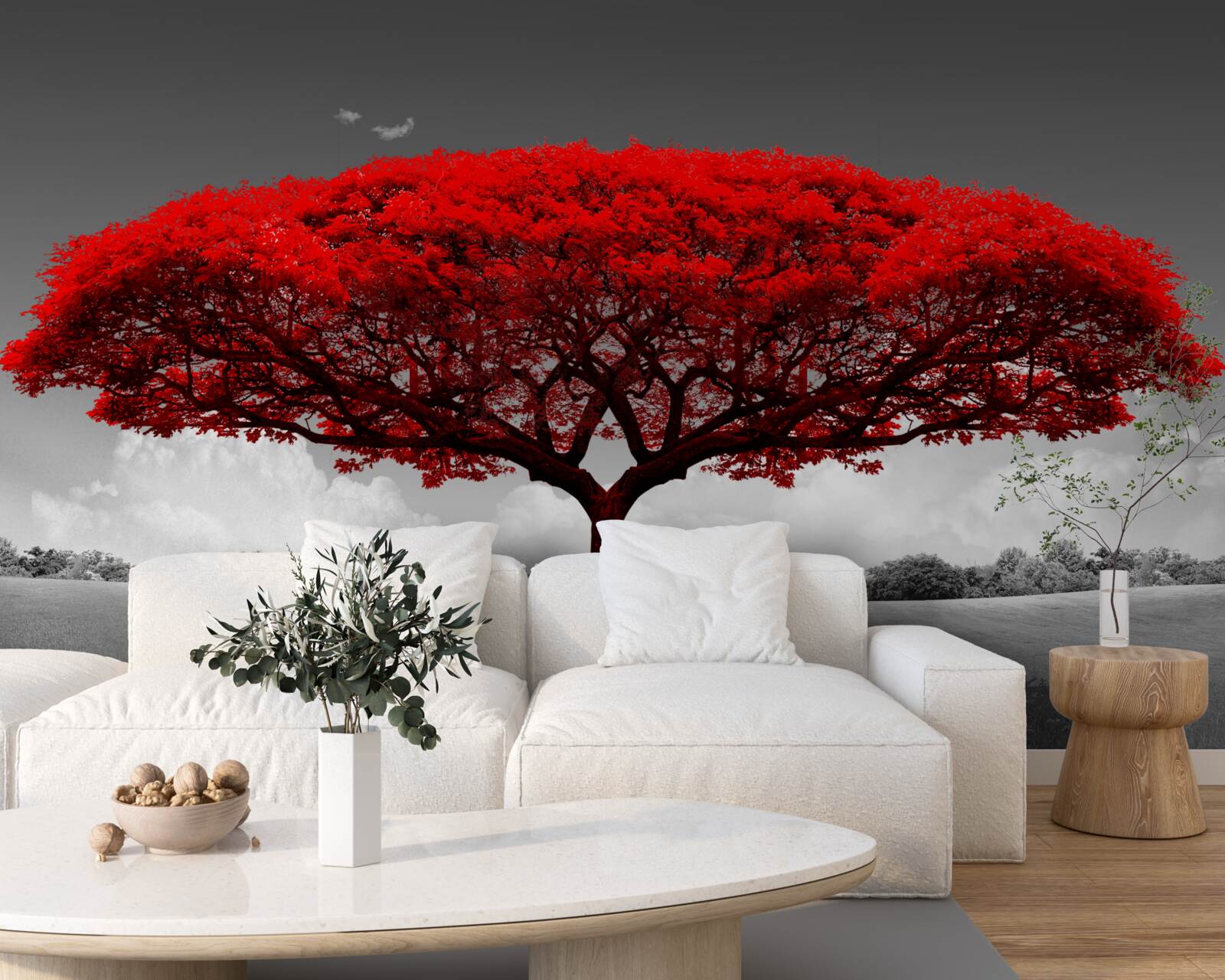 Fotobehang Het leven is een rode boom op een grijze open plek