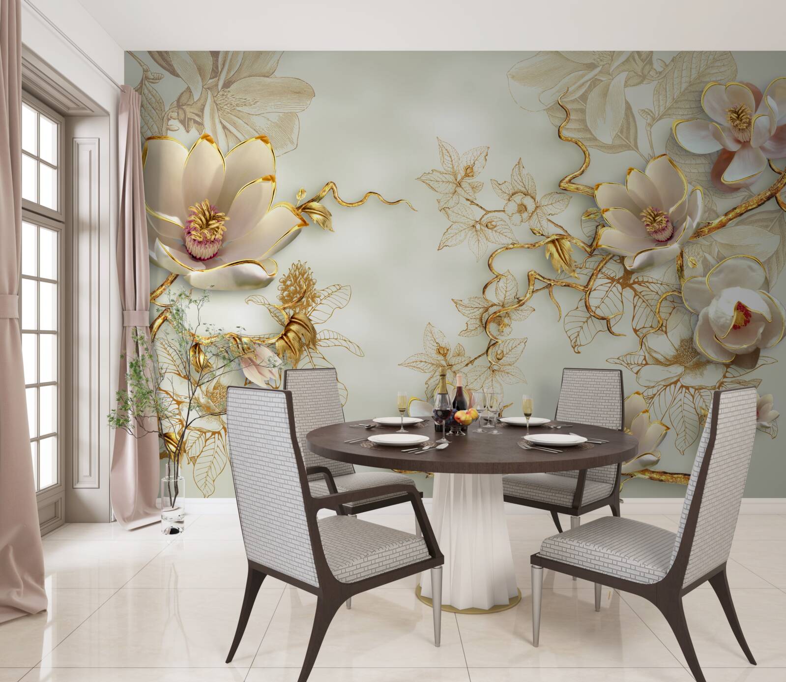 Fotobehang takken bezaaid met gouden en sneeuwwitte bloemen