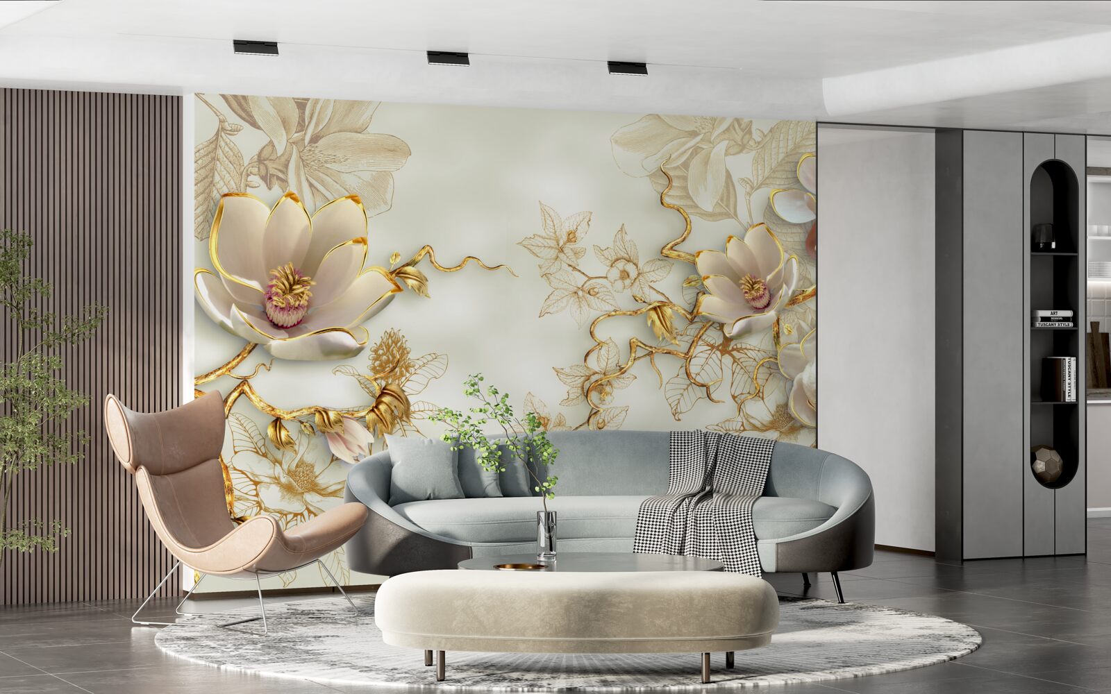 Fotobehang takken bezaaid met gouden en sneeuwwitte bloemen