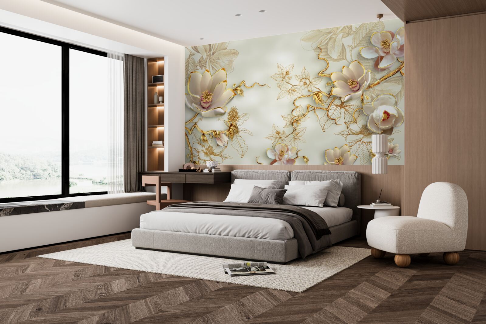 Fotobehang takken bezaaid met gouden en sneeuwwitte bloemen