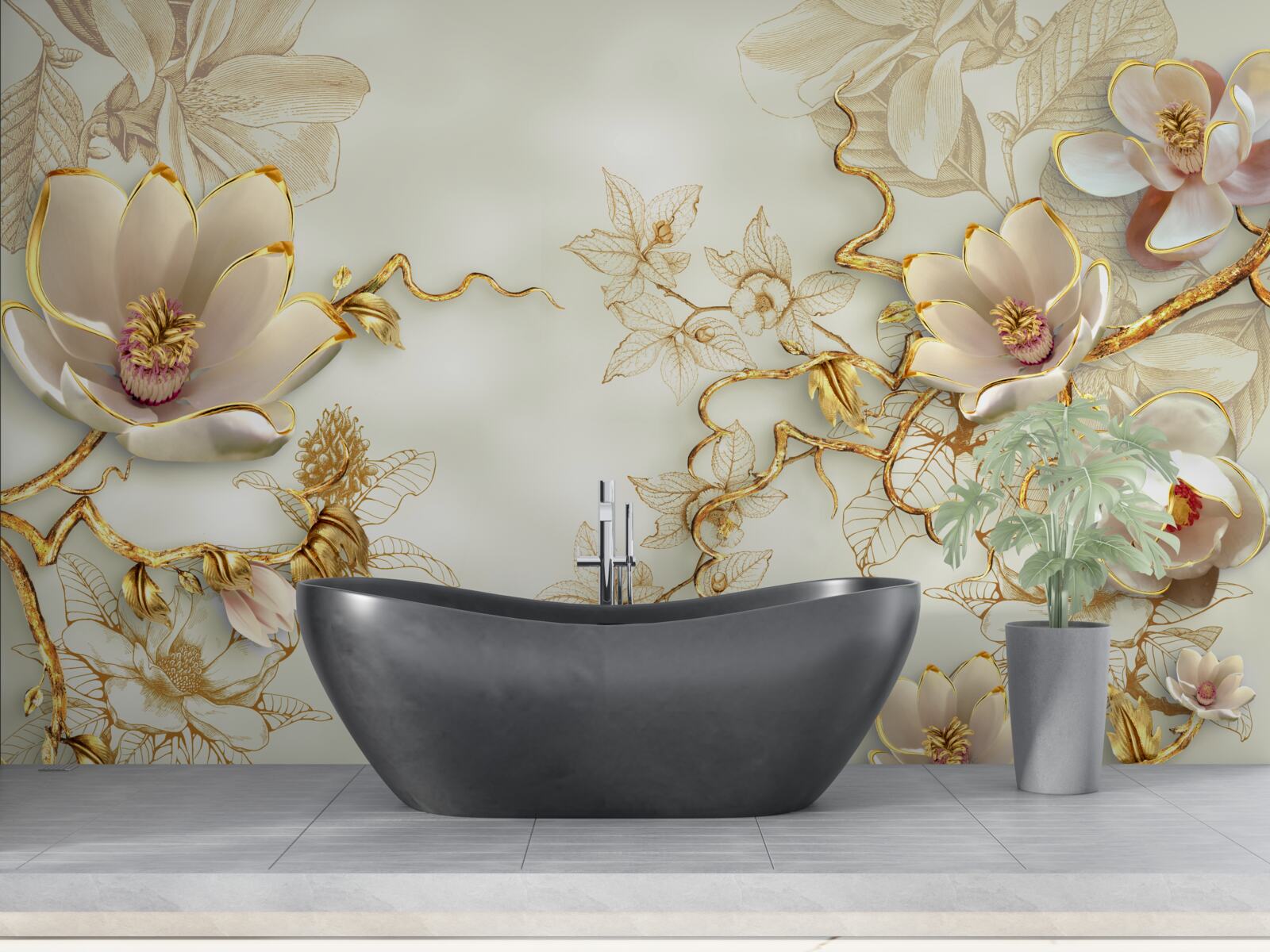 Fotobehang takken bezaaid met gouden en sneeuwwitte bloemen