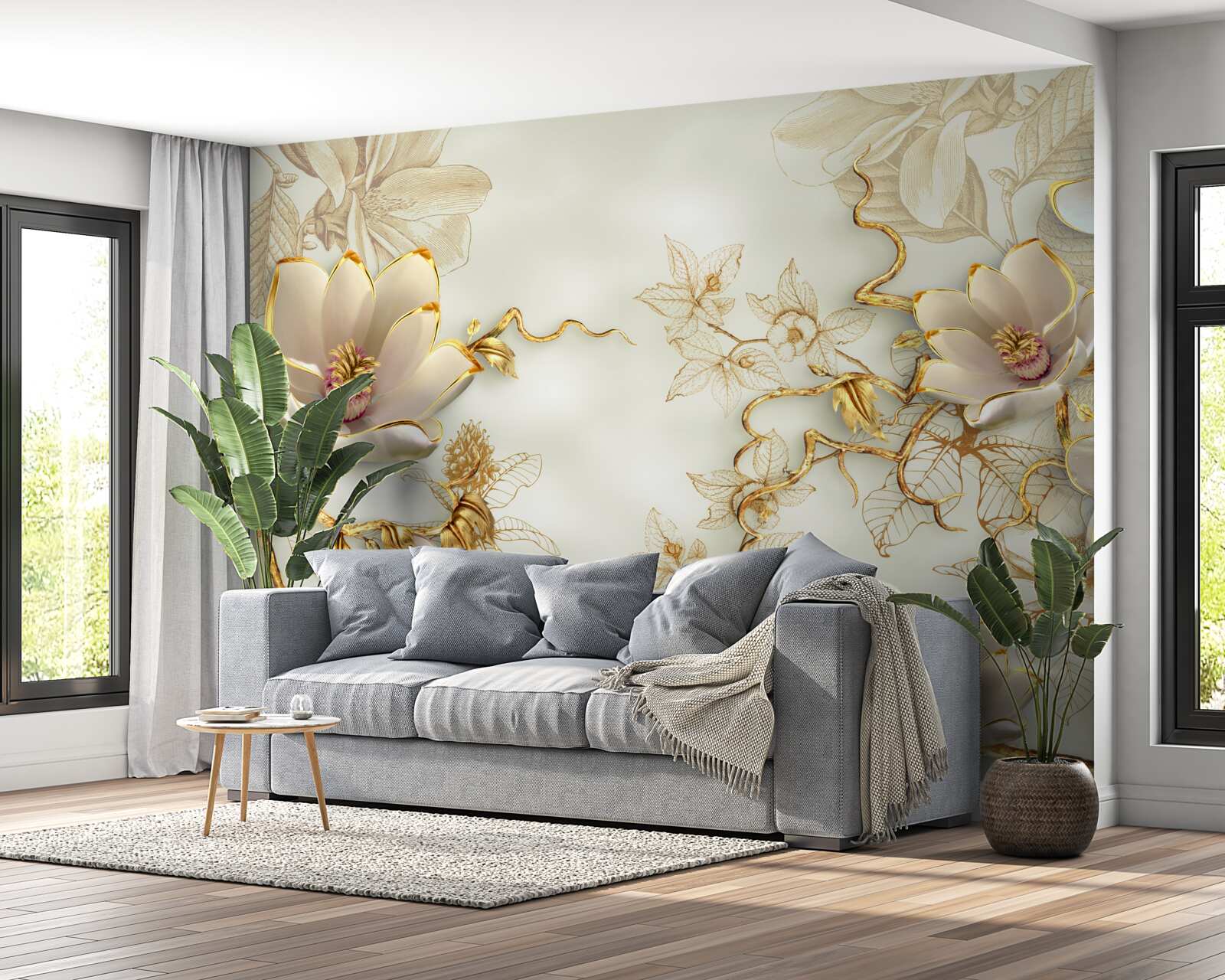 Fotobehang takken bezaaid met gouden en sneeuwwitte bloemen