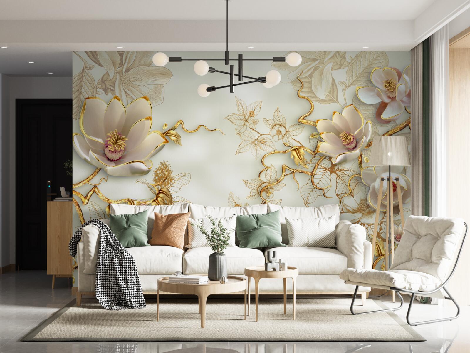 Fotobehang takken bezaaid met gouden en sneeuwwitte bloemen