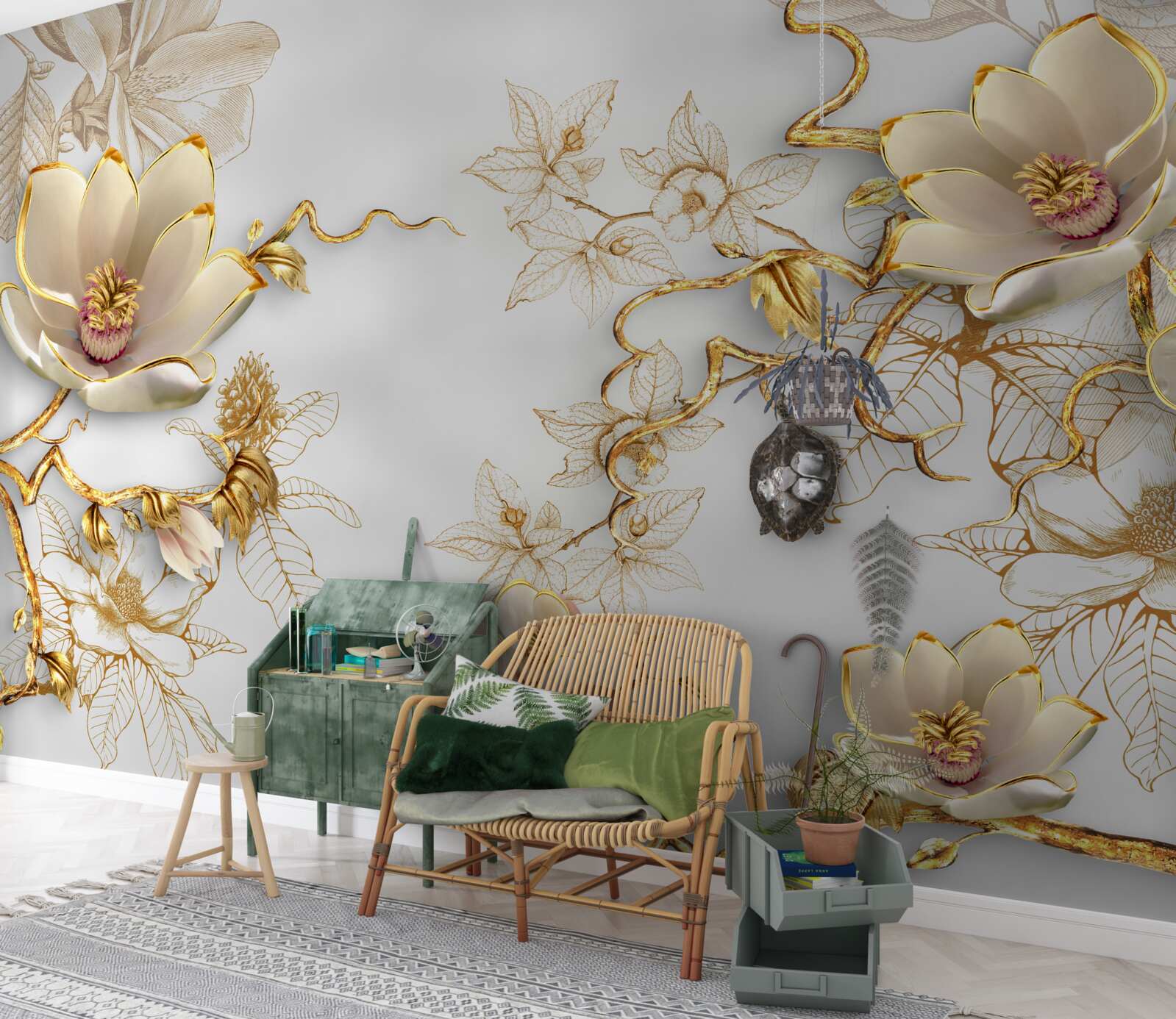 Fotobehang magnolia bloeiend in gouden tinten