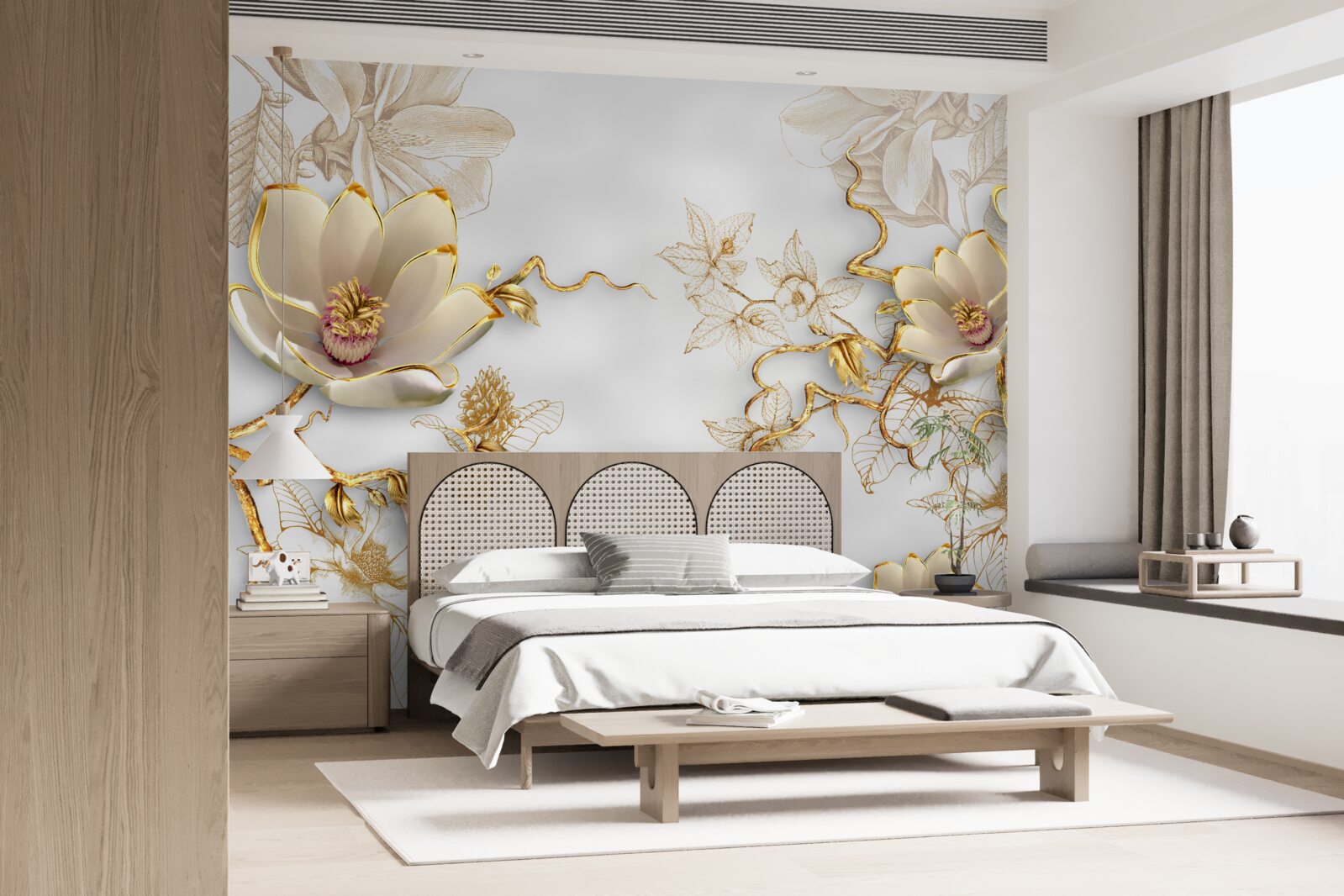 Fotobehang magnolia bloeiend in gouden tinten