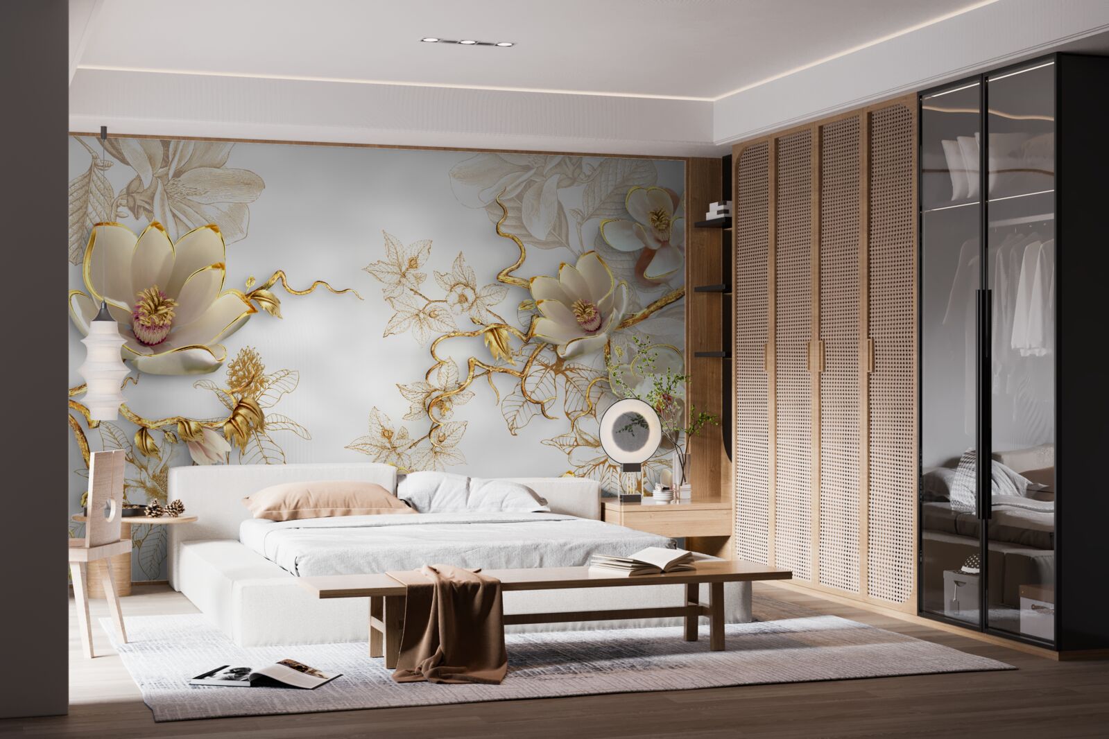 Fotobehang magnolia bloeiend in gouden tinten