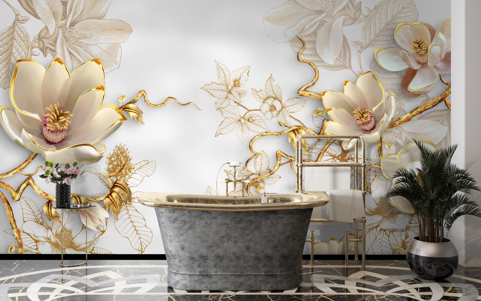 Fotobehang magnolia bloeiend in gouden tinten