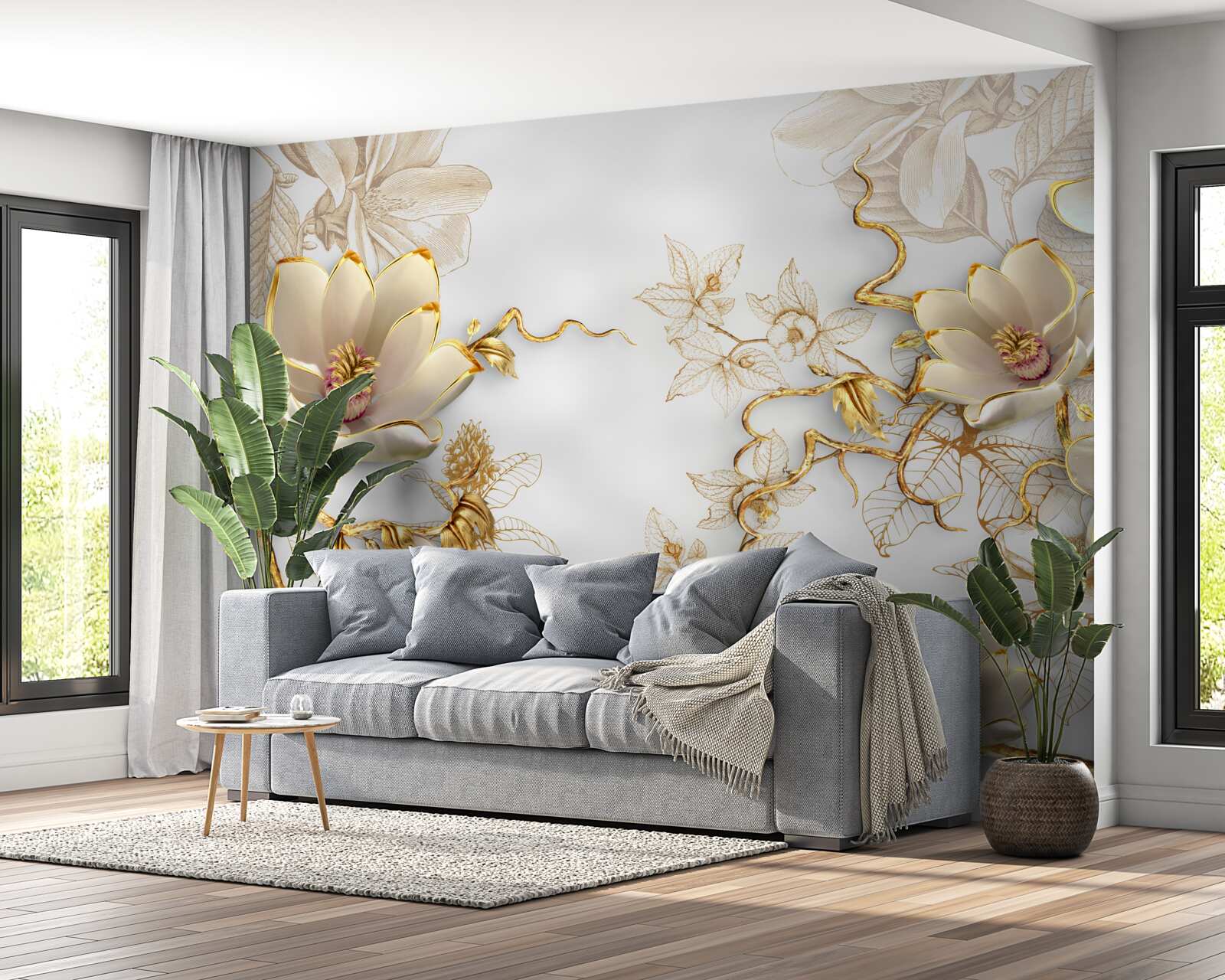 Fotobehang magnolia bloeiend in gouden tinten