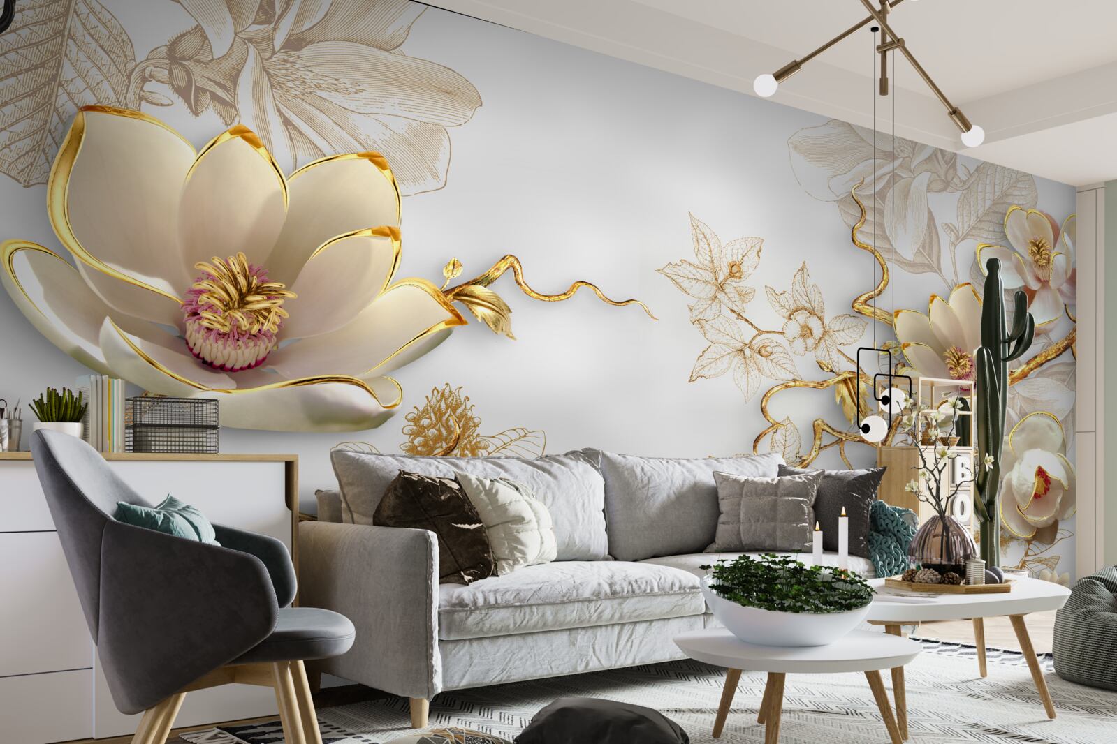 Fotobehang magnolia bloeiend in gouden tinten