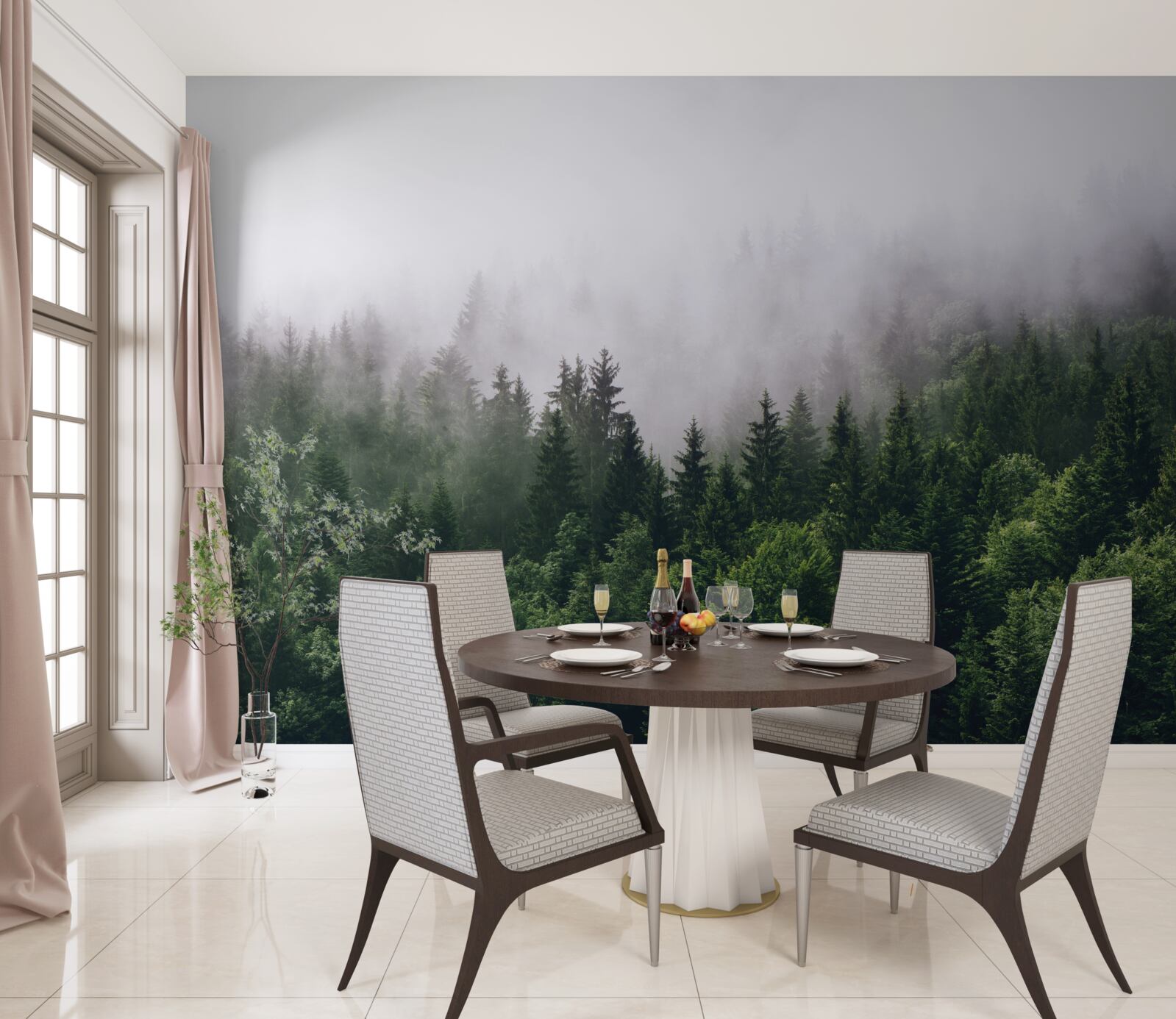 Fotobehang het bergbos is in mist gehuld