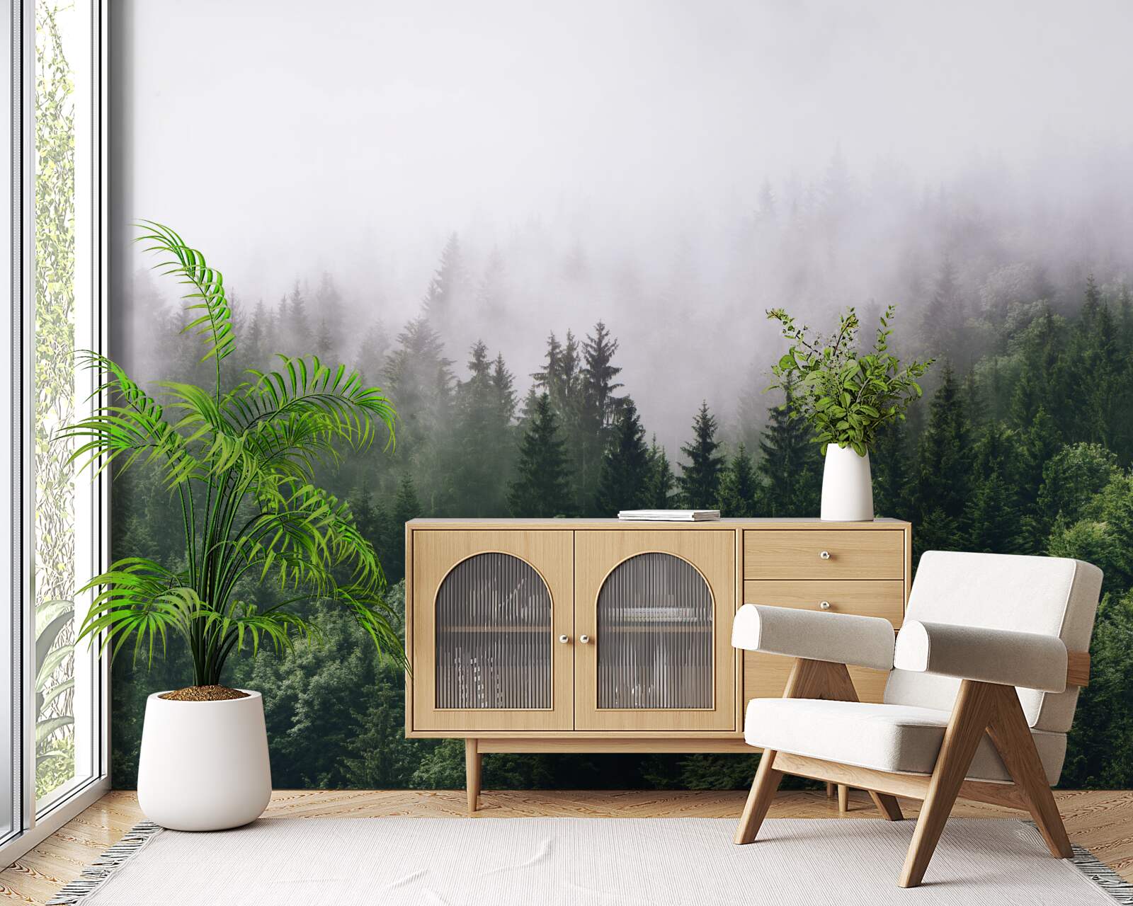 Fotobehang het bergbos is in mist gehuld