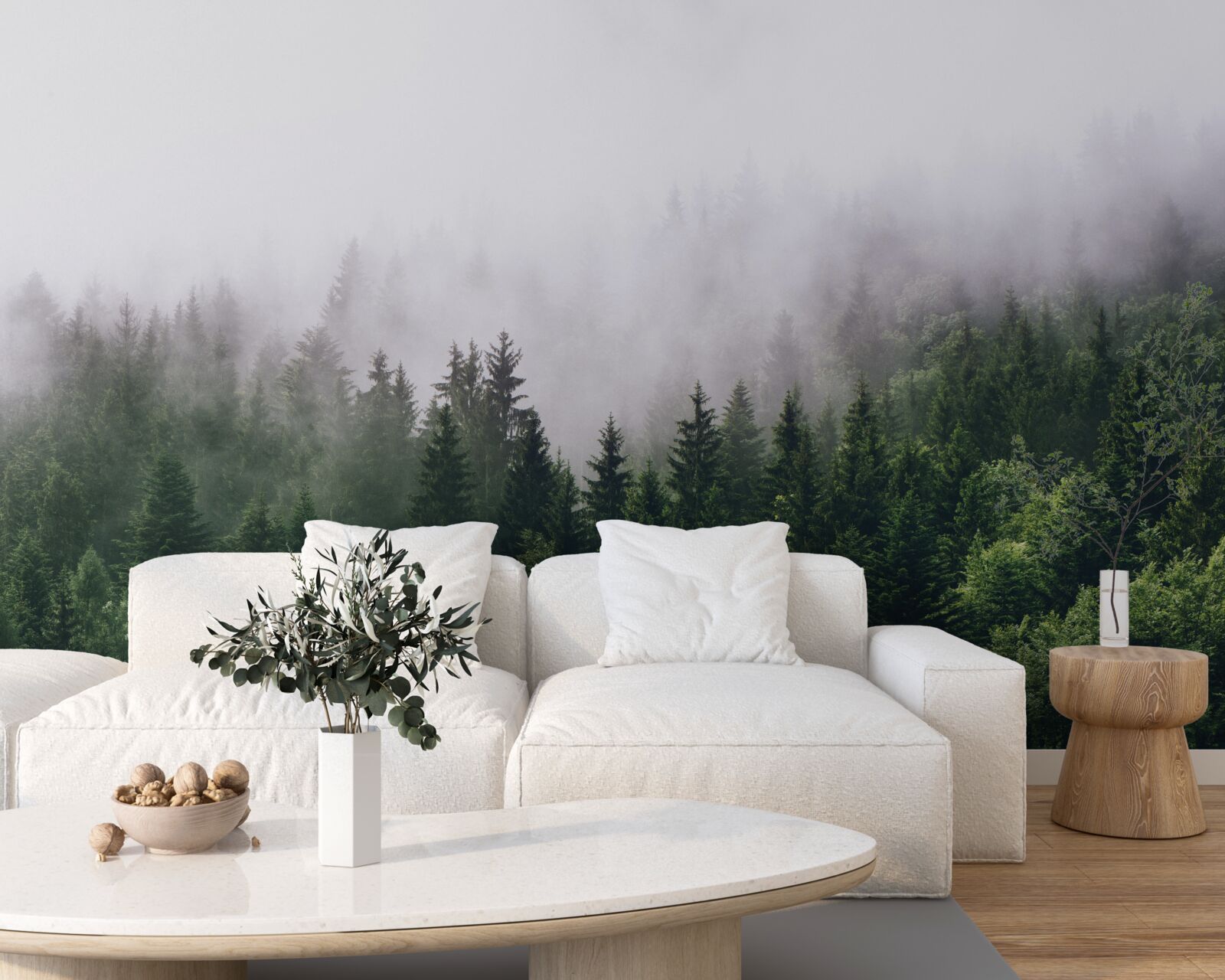 Fotobehang het bergbos is in mist gehuld