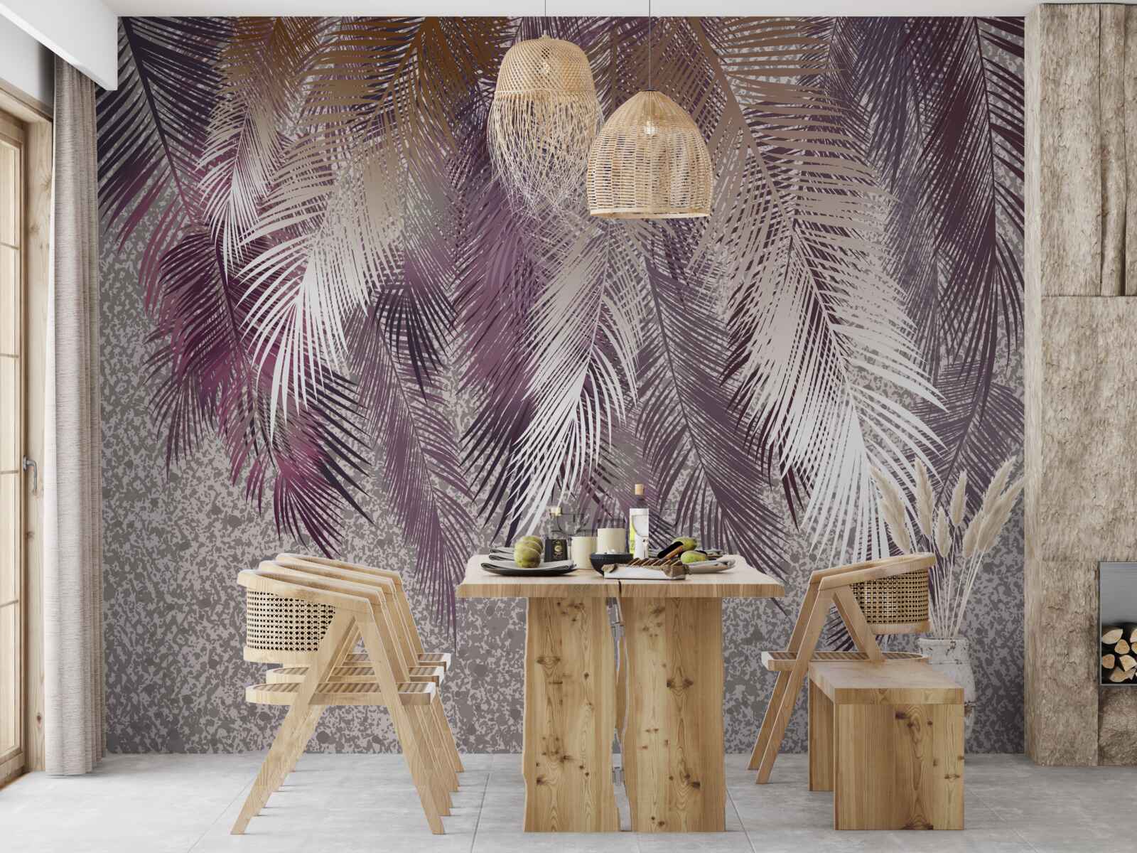 Fotobehang vederachtige bladeren in bordeauxrood