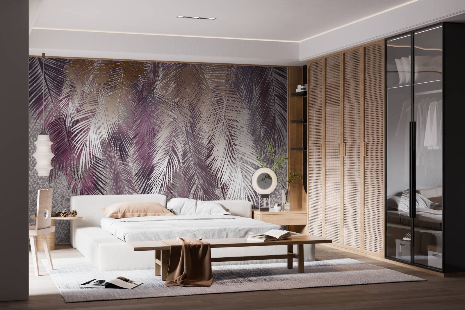 Fotobehang vederachtige bladeren in bordeauxrood