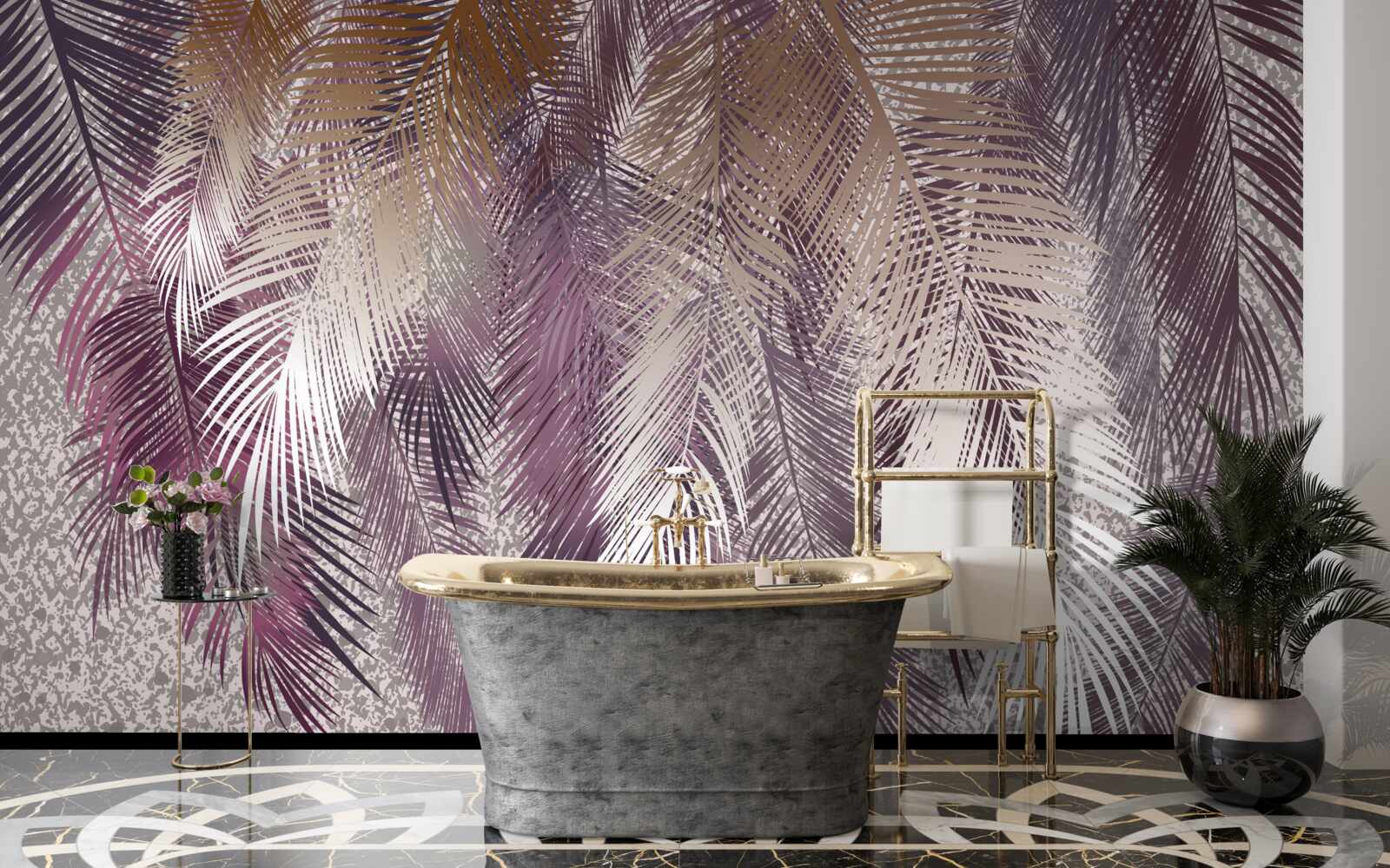 Fotobehang vederachtige bladeren in bordeauxrood