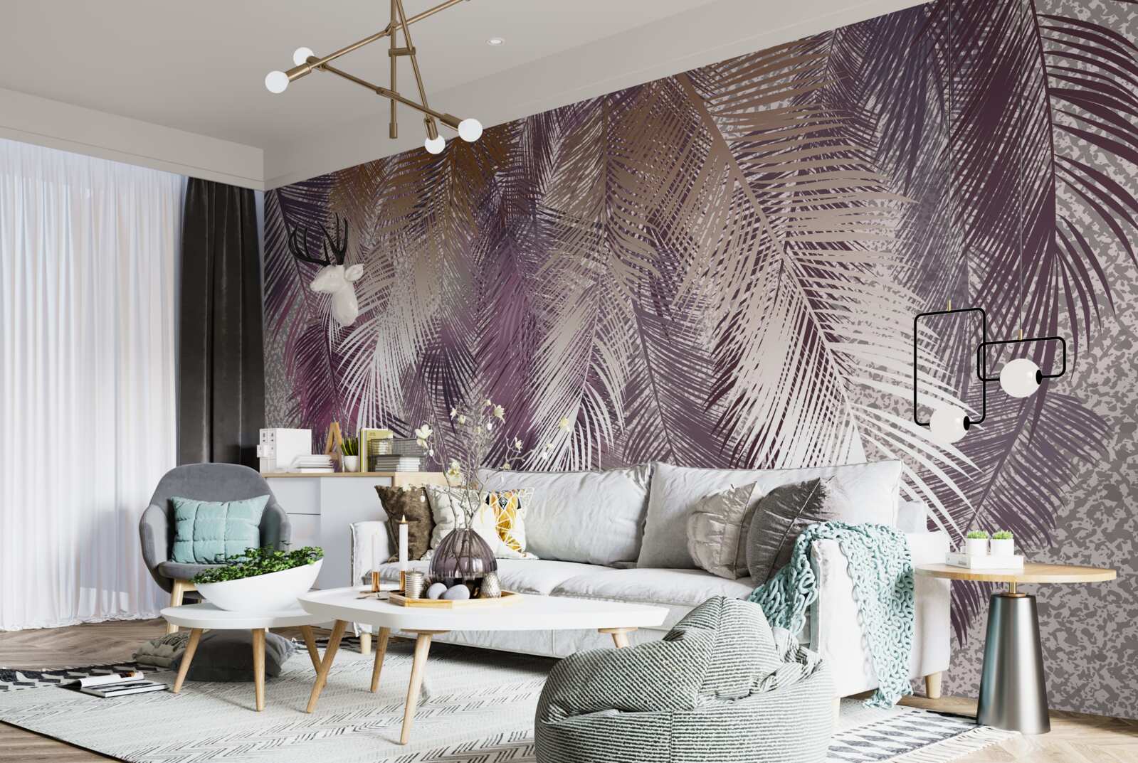 Fotobehang vederachtige bladeren in bordeauxrood