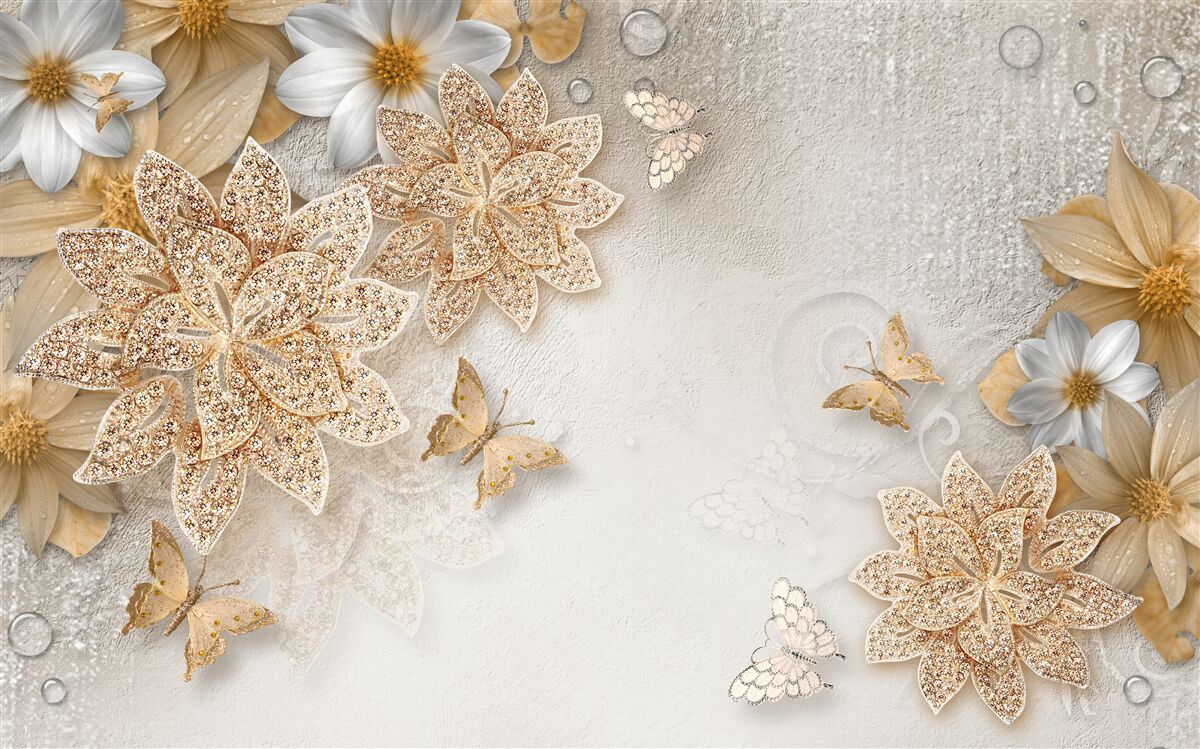 Fotobehang witte lotus en bloemen met gouddeling