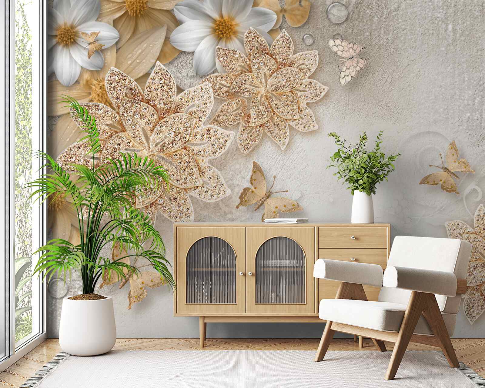 Fotobehang witte lotus en bloemen met gouddeling