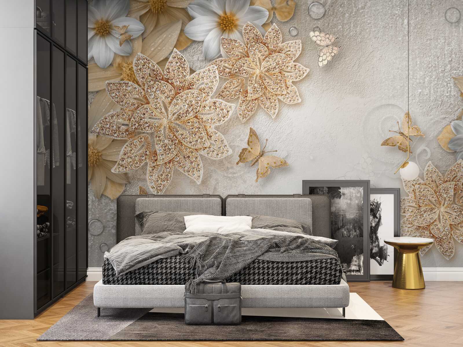 Fotobehang witte lotus en bloemen met gouddeling