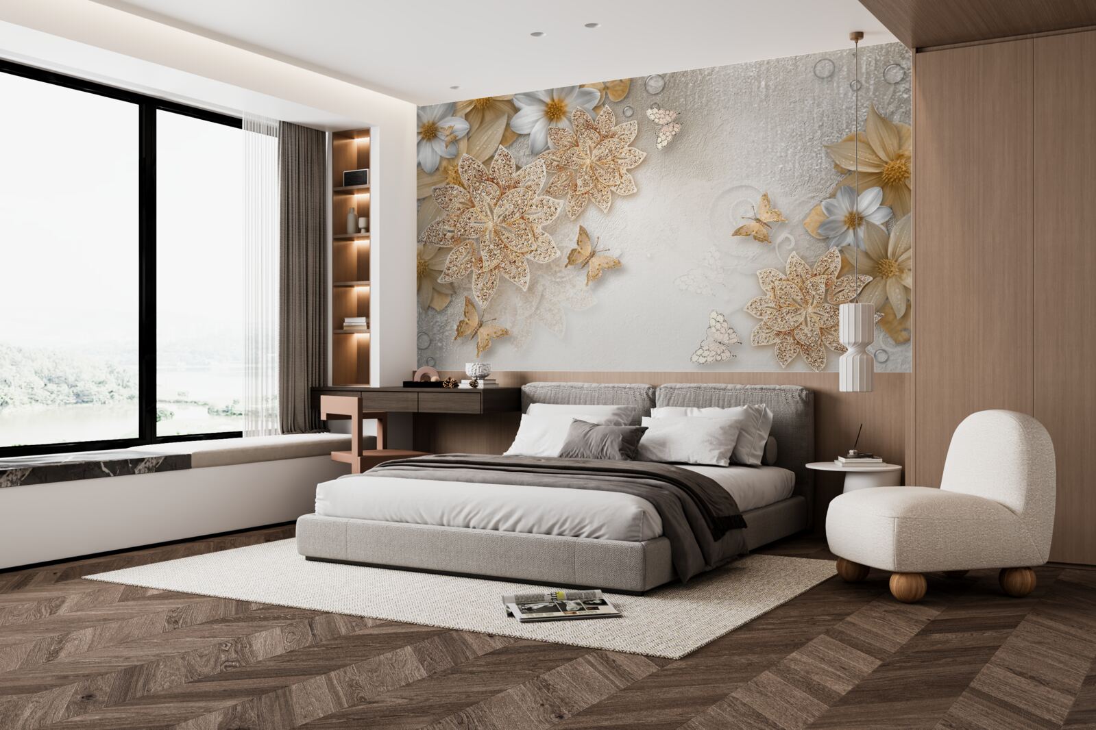 Fotobehang witte lotus en bloemen met gouddeling