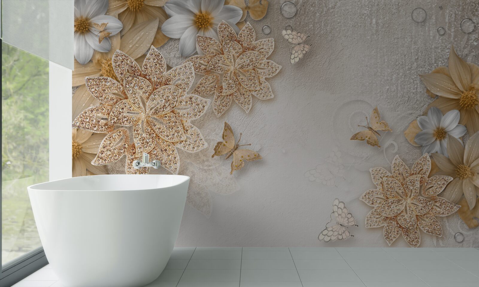 Fotobehang witte lotus en bloemen met gouddeling