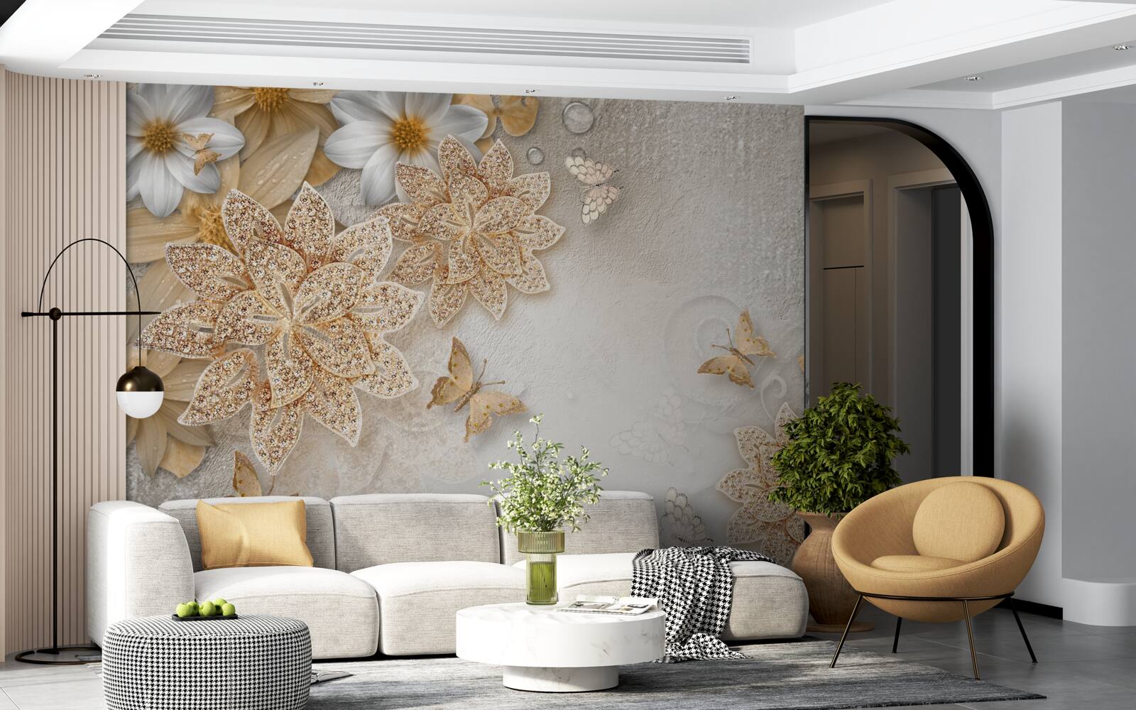 Fotobehang witte lotus en bloemen met gouddeling