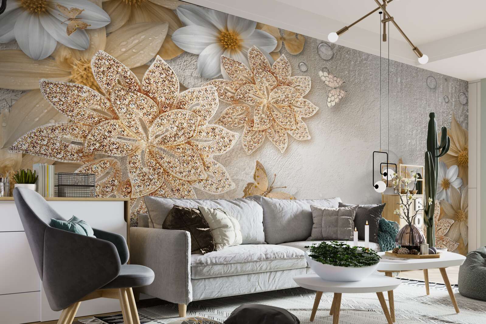 Fotobehang witte lotus en bloemen met gouddeling