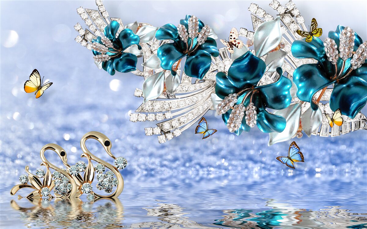 Fotobehang magnolia's met kristalblauwe bloemen en vlinders