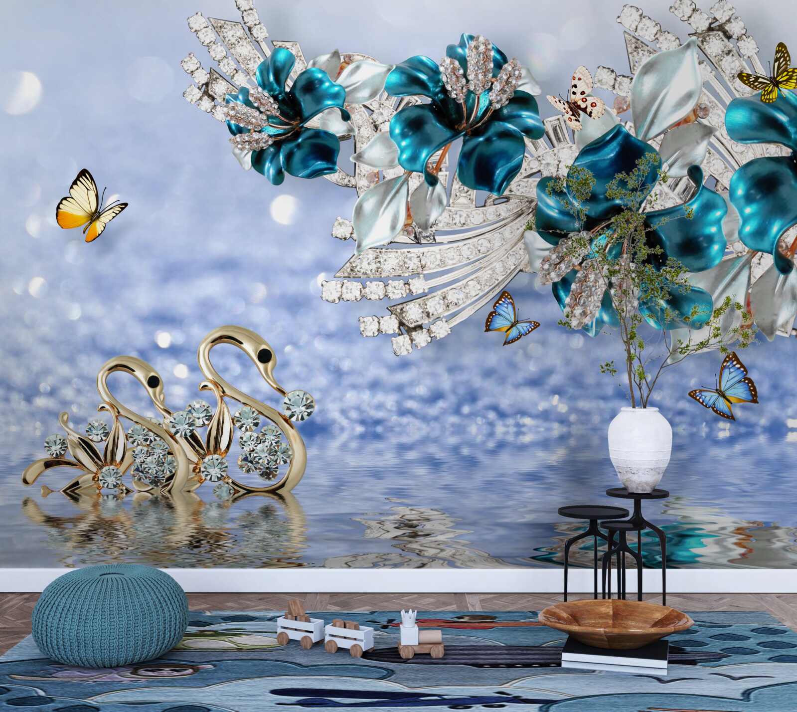 Fotobehang magnolia's met kristalblauwe bloemen en vlinders