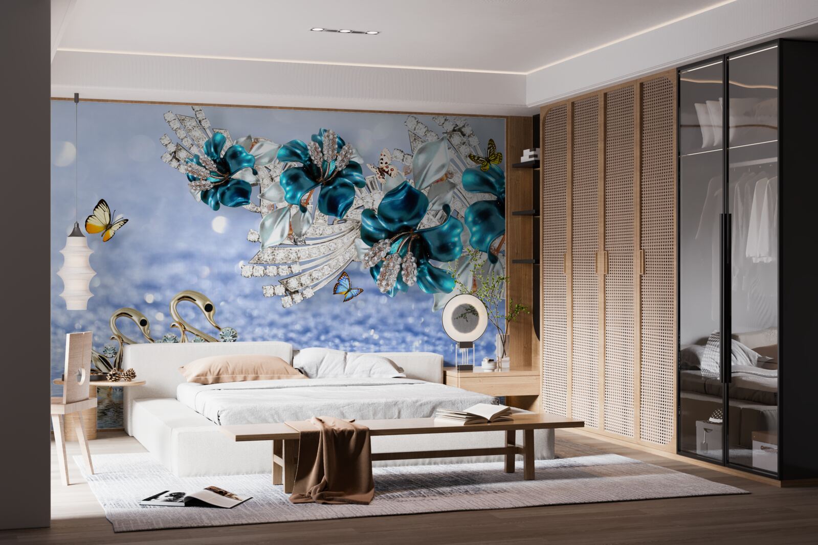 Fotobehang magnolia's met kristalblauwe bloemen en vlinders