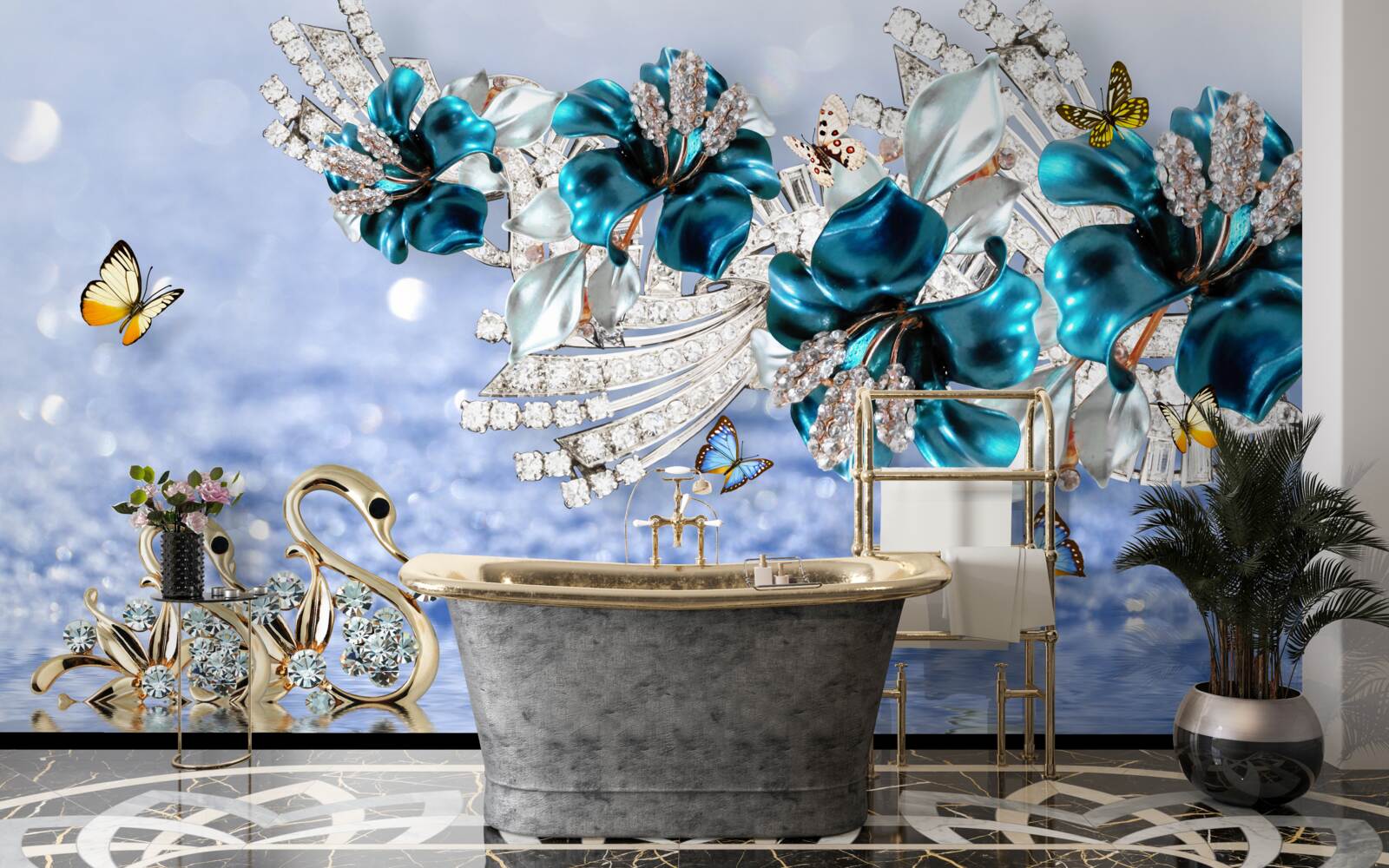 Fotobehang magnolia's met kristalblauwe bloemen en vlinders