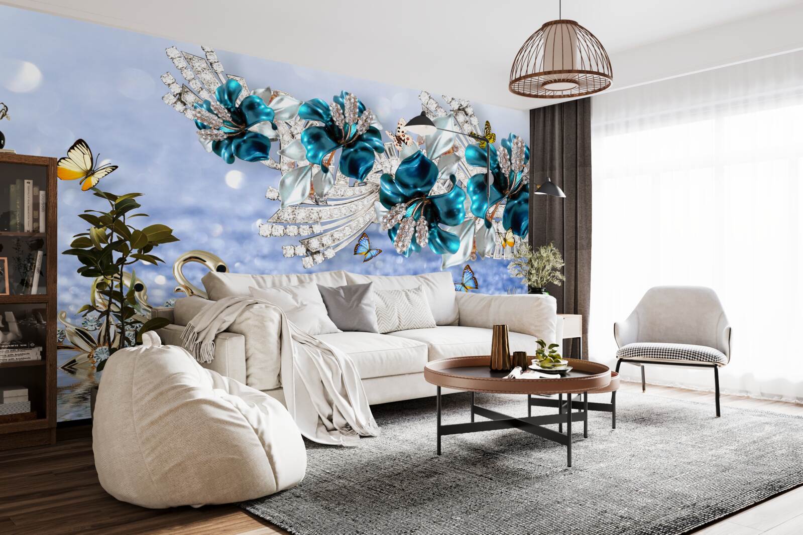 Fotobehang magnolia's met kristalblauwe bloemen en vlinders