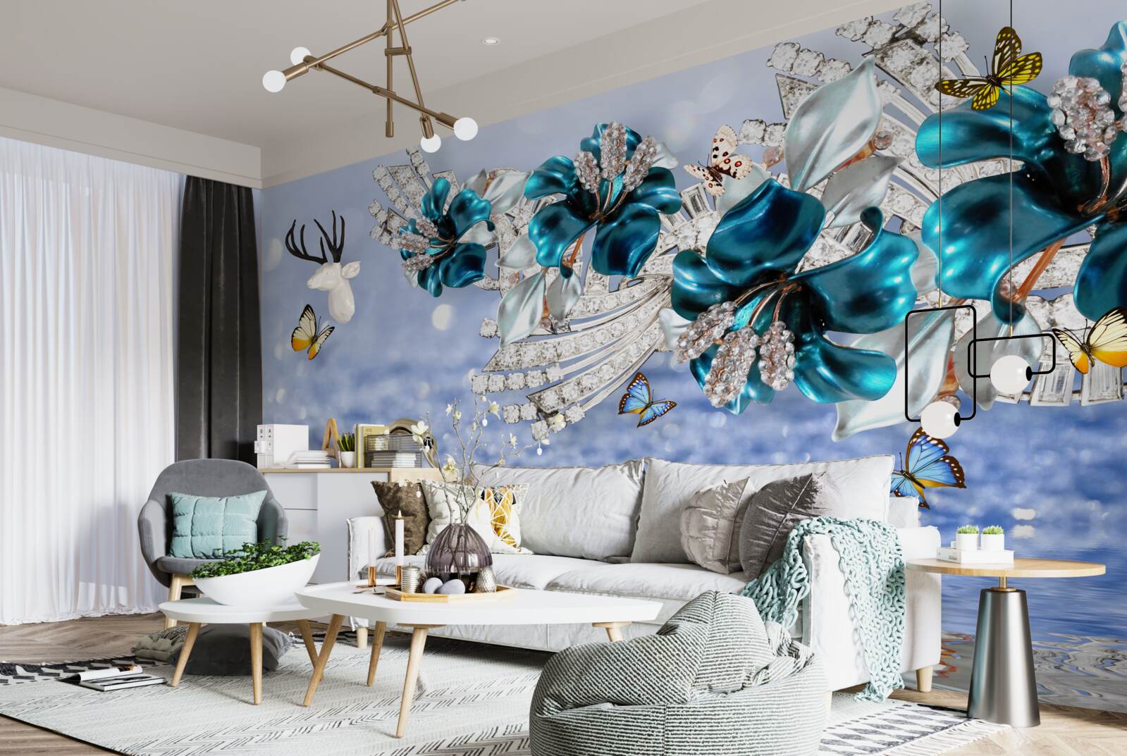 Fotobehang magnolia's met kristalblauwe bloemen en vlinders